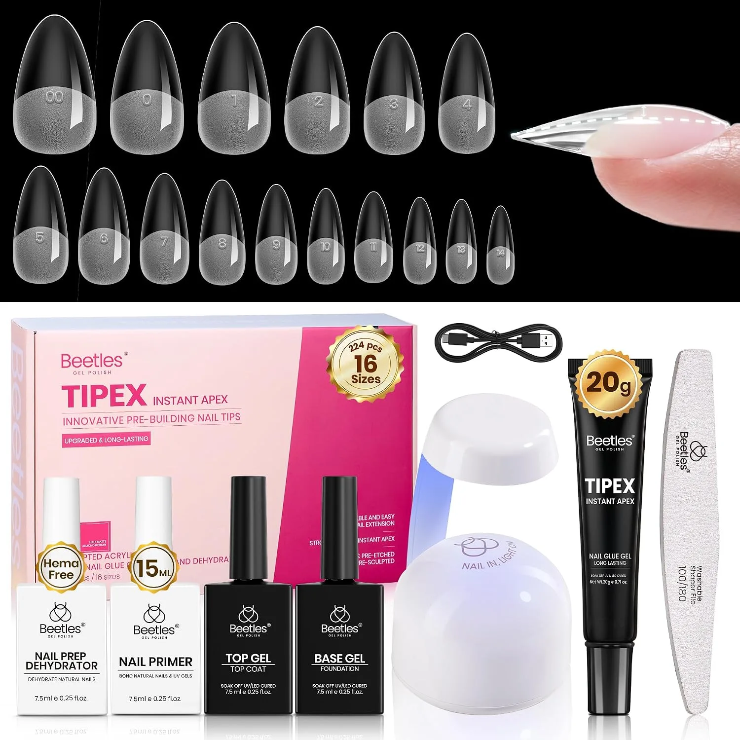Beetles Tipex Instant Apex Nail Tips Kit, Medium Almond, 224pcs 16 Sizes