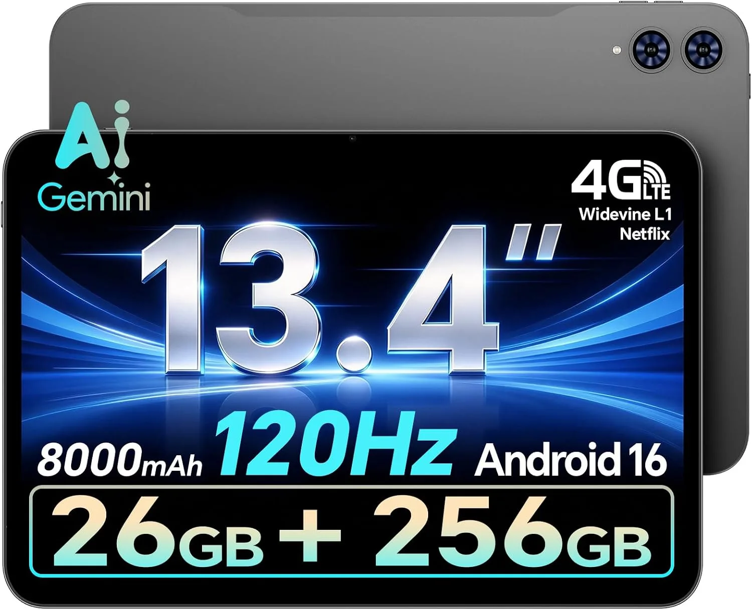 TECLAST Android 16 T65 13.4 inch Large Tablet, 256GB ROM, 12H 8000mAh Battery, 120Hz 1920x1200 IPS Display, 2.2Ghz Octa-Core Processor, 2.4/5G Wi-Fi+4G LTE, GPS, Ideal for Streaming and Learning