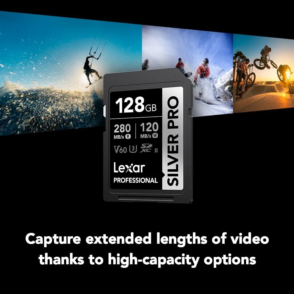Lexar 128GB Silver PRO SD Memory Card, 280MB/s Read, 4K, V60, U3, UHS-II