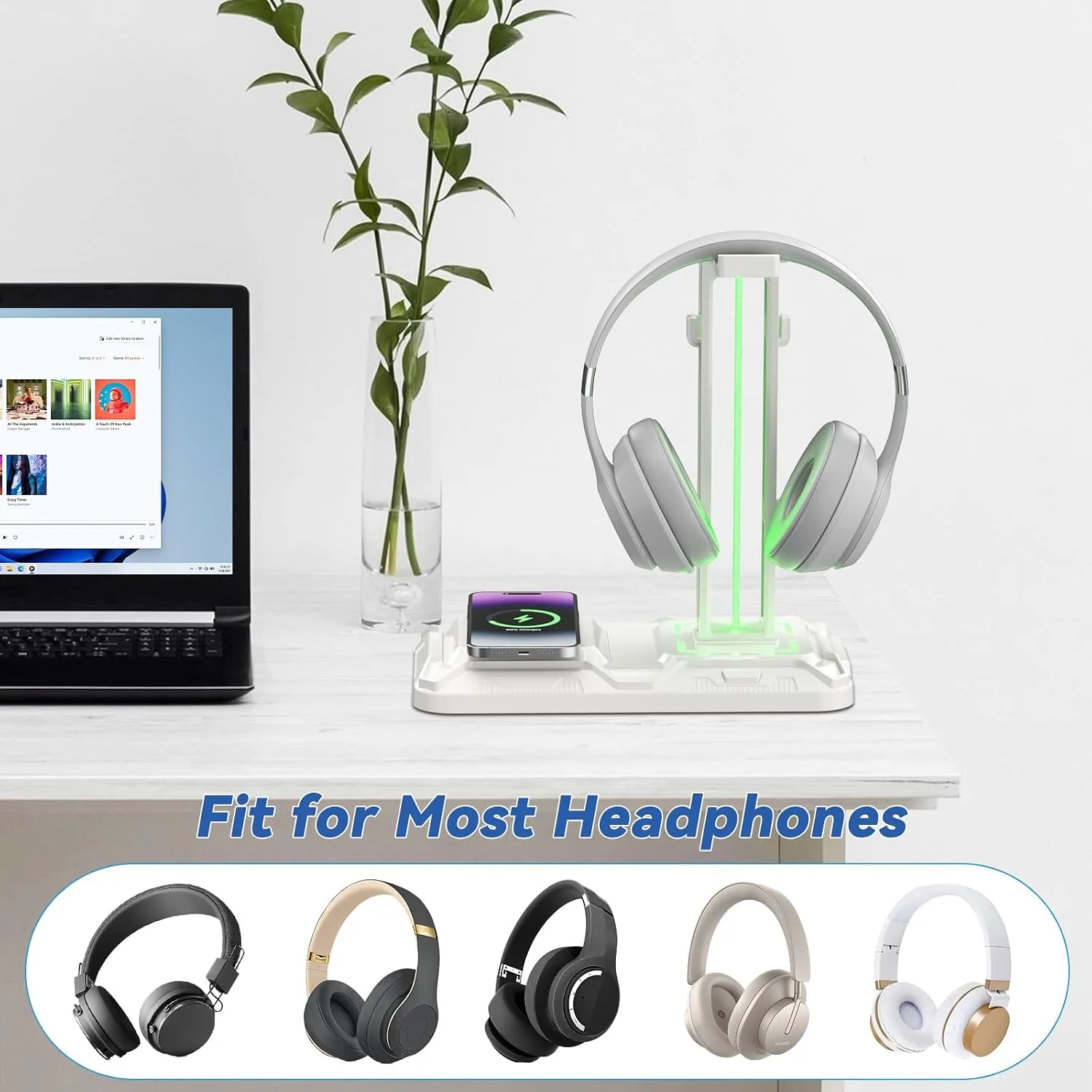 KDD RGB Headphone & Controller Stand with Wireless Charging - Rotatable Headset Stand with 9 Light Modes - Controller Holder with 2 USB and Type C Ports - for Gamers Desktop Accessories(White)