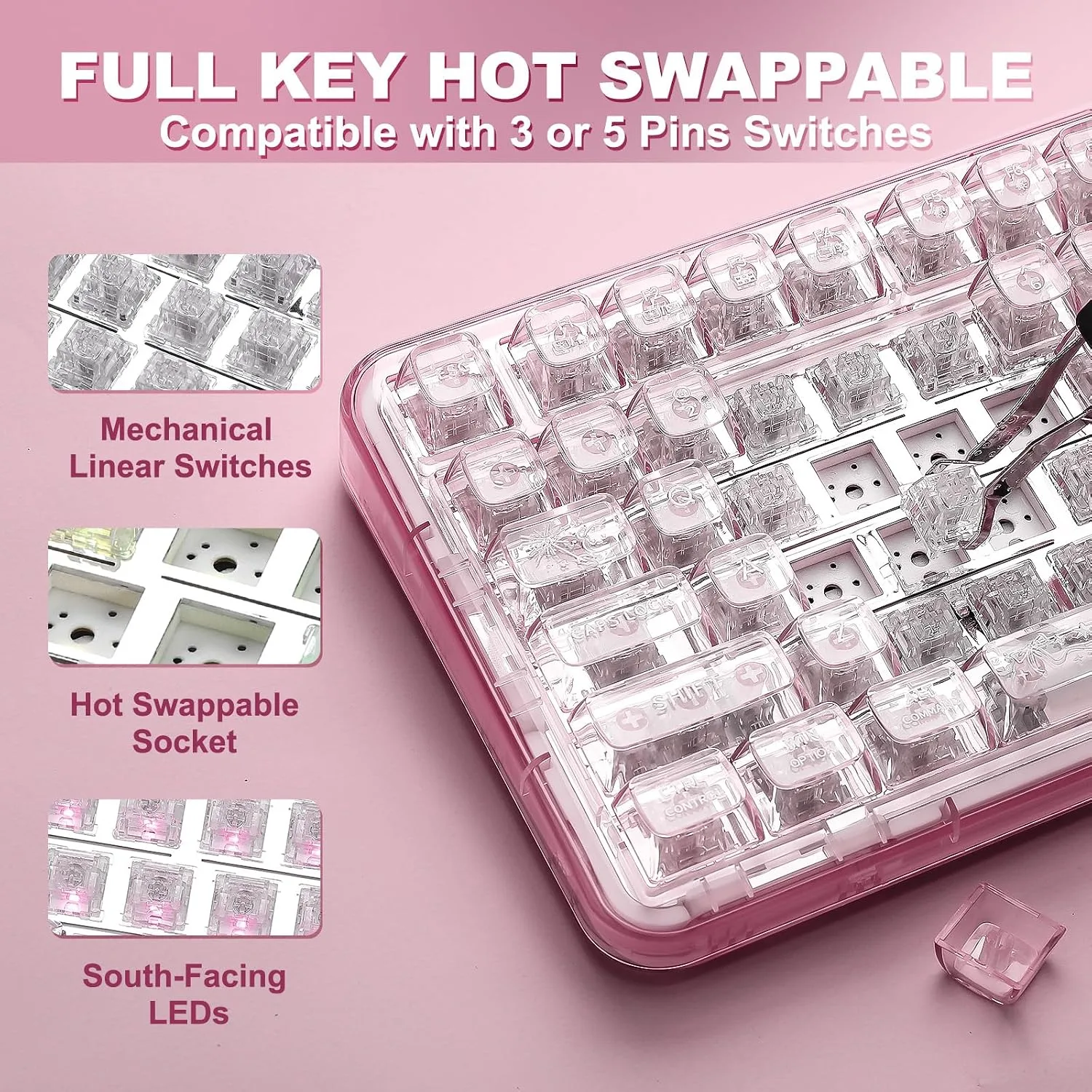 YUNZII X98 Wireless Mechanical Keyboard with Knob (Pink, Crystal Switch)