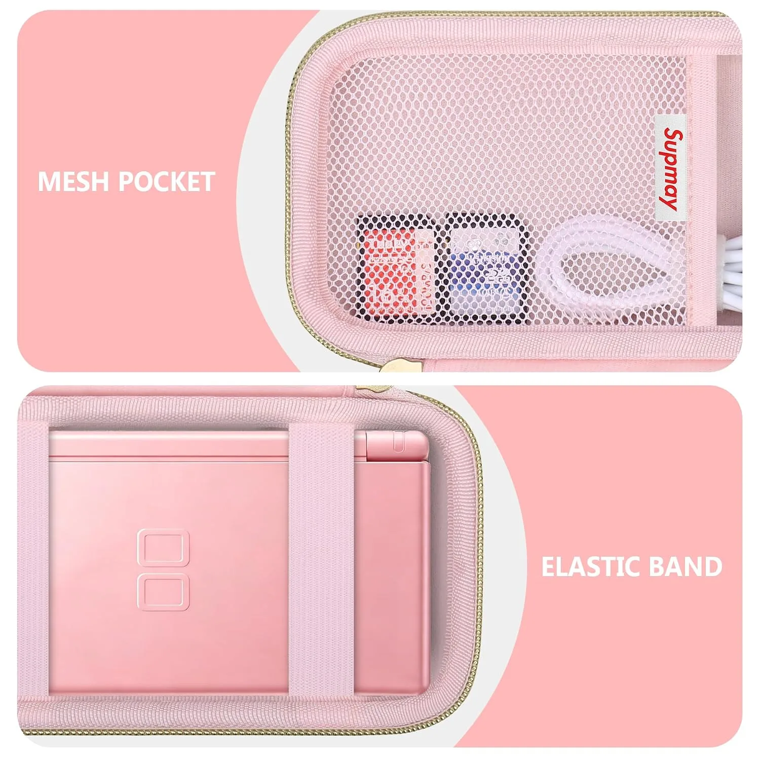 Supmay Hard Carrying Case Compatible with Nintendo DS Lite NDSL, Gameboy Advance Games Storage Holder Travel Bag with Mesh Pocket for USB Charging Cable, Stylus, Earphones, Game Cartridge, Pink