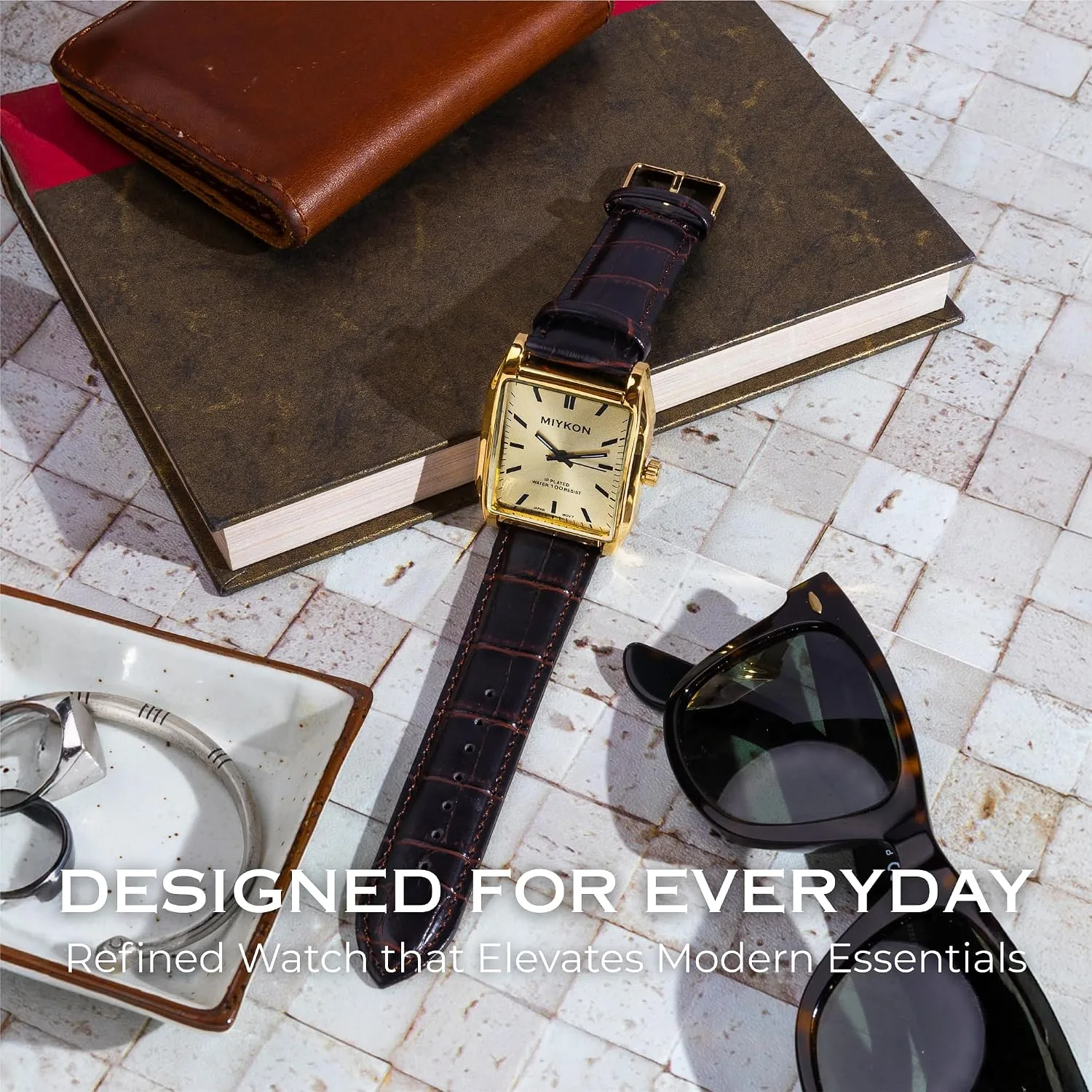 Miykon Men Vintage Tank Dress Watch, Genuine Leather Strap, Water Resistant