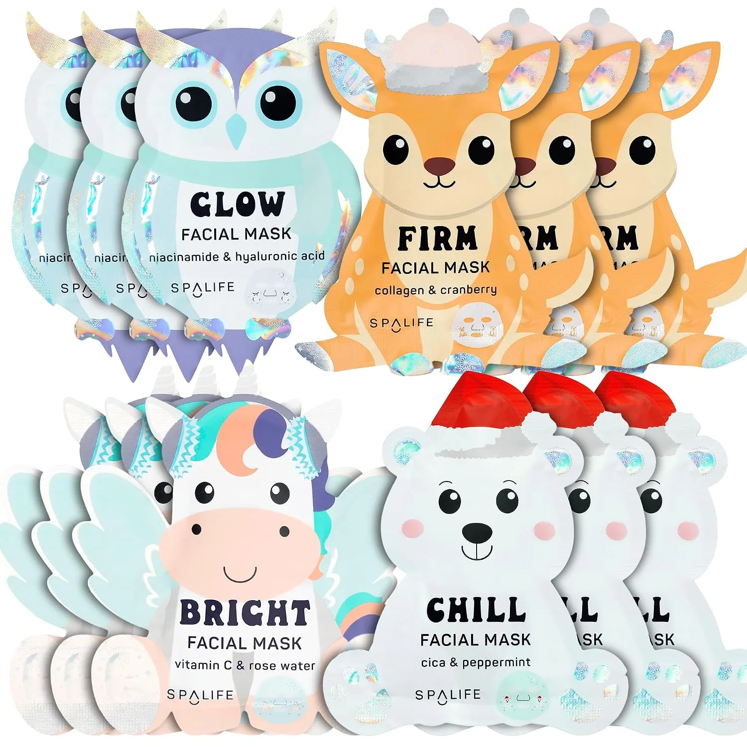 SpaLife Beauty Winter Wonder Animals Christmas Face Mask Bundle | Korean Facial Masks | Hydrating, Firming and Glowing Sheet Mask Set | Christmas Ideas for Women | 12 Pack