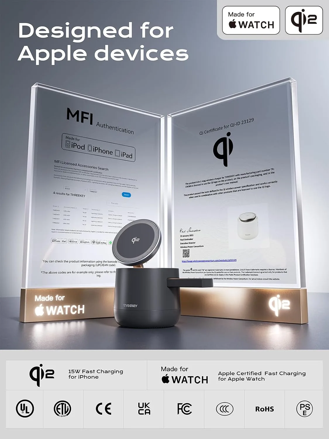 THREEKEY 4 in 1 Qi2 Magnetic Wireless Charging Station, 15W Fast Charger with Made for Apple Watch Charging Module, for iPhone 18–12 Series & AirPods, 65W Adapter Included