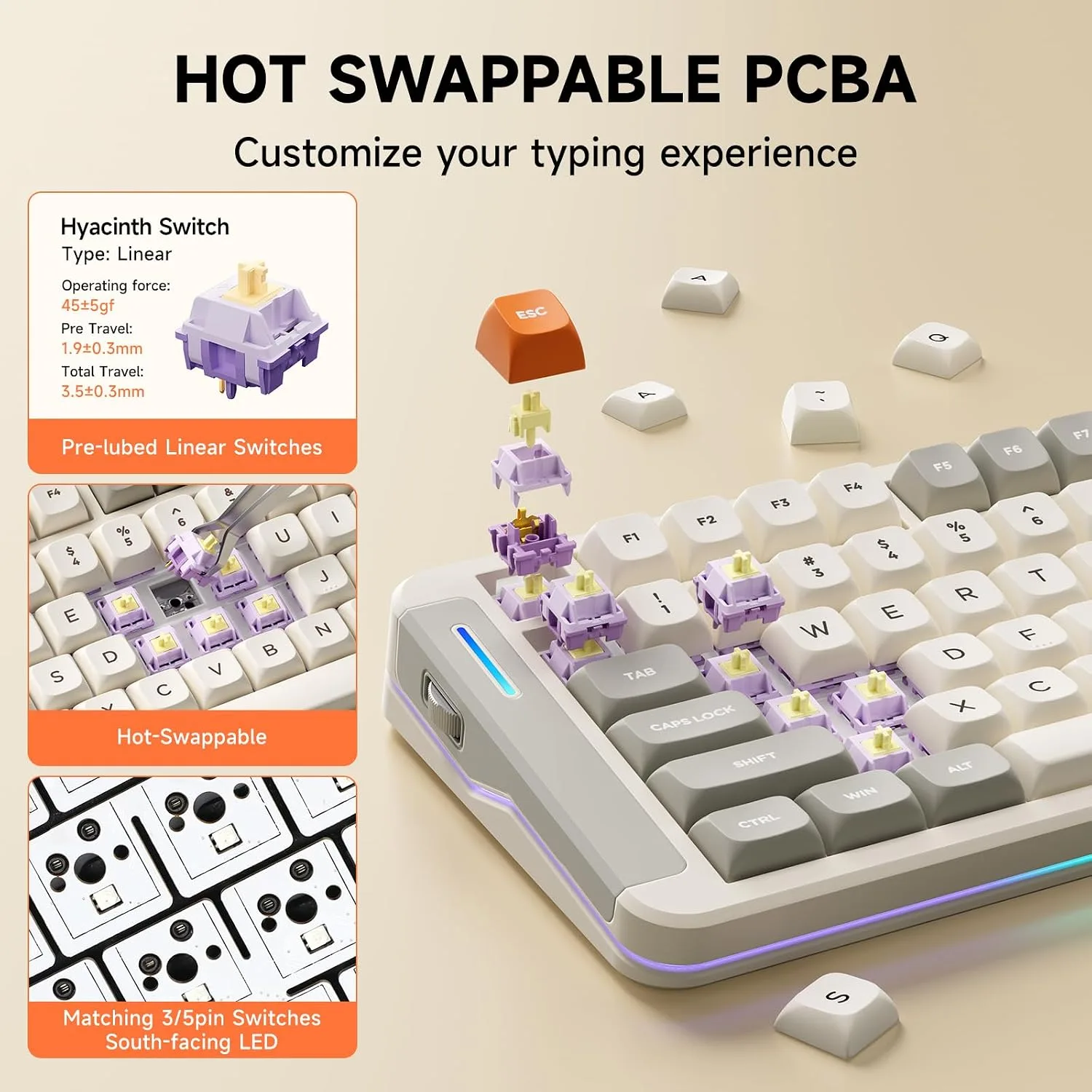 MCHOSE X75 V2 Wireless Mechanical Keyboard Volume Knob, Tri-mode BT5.0/2.4GHz/USB-C Hot Swappable Custom Keyboards, Linear Switch Creamy keyboards,RGB Gaming Keyboard for PC/Tablet/PS/Xbox,Retro White