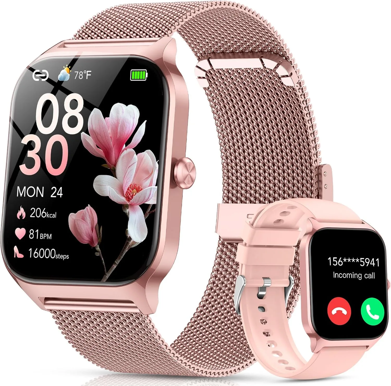Smart Watch for Women, Answer/Make Call/AI Voice,1.85"HD Smartwatch for iPhone/Android,120+ Sport Modes Fitness Tracker with Heart Rate Stress Sleep Monitor Women's Menstrual Cycle, IP68 (2 Bands)