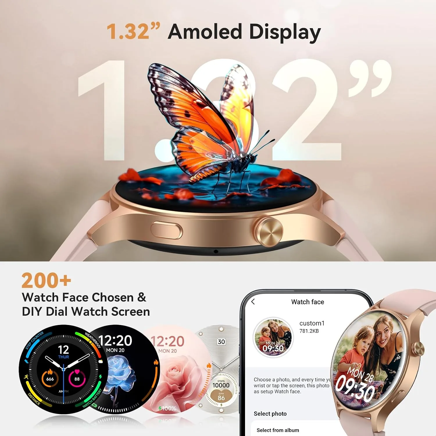 aeac Smart Watch for Women, AMOLED Ultra-Clear Screen Activity Trackers with Heart Rate/Sleep/SpO2 Monitor, Smartwatch for iPhone/Samsung/Android, 110+ Sport Modes (Rose Gold, S/M/L, Rose Gold)