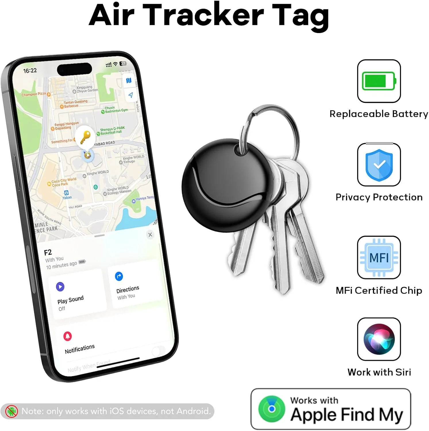 Air Tracker Tags-2 Pack Black, Bluetooth Tracker Works with Apple Find My (iOS Only), Smart Tag with Lanyard, Item Finder for Luggage, Key, Suitcases, Replaceable Battery, IP67 Waterproof Tracking Tag