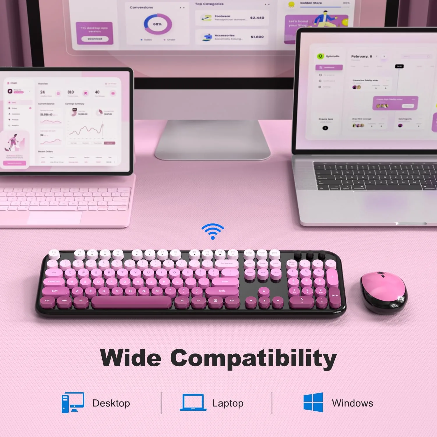 MOFII Wireless Keyboard and Mouse Combo, Full Size 2.4G Retro Round Computer Keyboard and Mouse Set, Plug and Play, for Windows, Computer, Desktop, PC, Notebook - (Black Pink Gradient)
