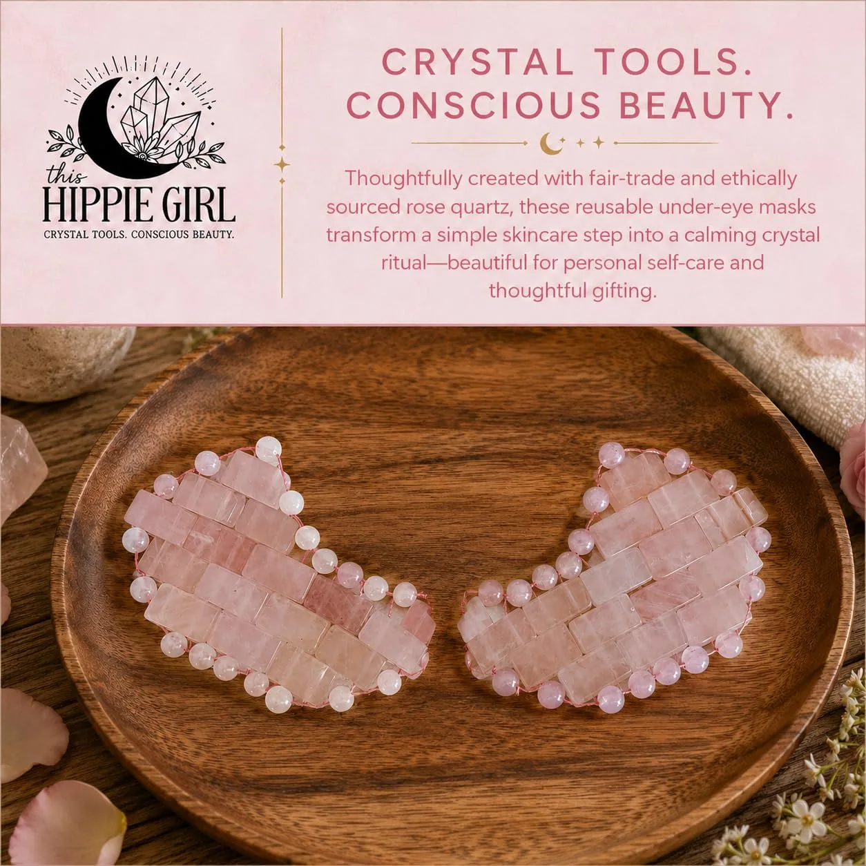 This Hippie Girl Rose Quartz Under Eye Masks, Reusable Cooling Crystal Skincare Tools for Under-Eye Facial Massage, 2-Piece Set
