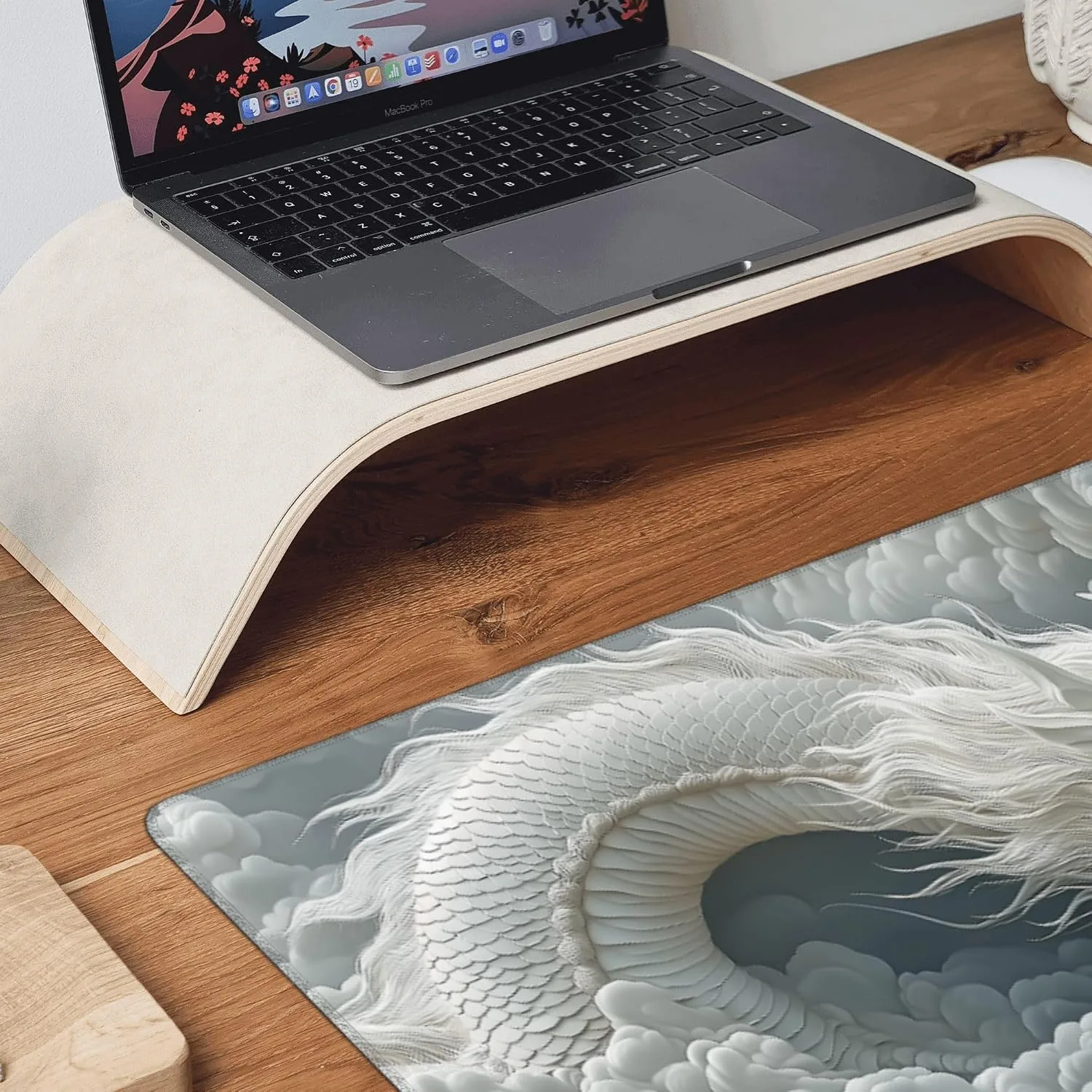 Large Chinese Dragon Mouse Pad, Non-Slip Natural Rubber Desk Mat with Stitched Edges, White and Gray, 35.4 x 15.7 Inches, Gaming
