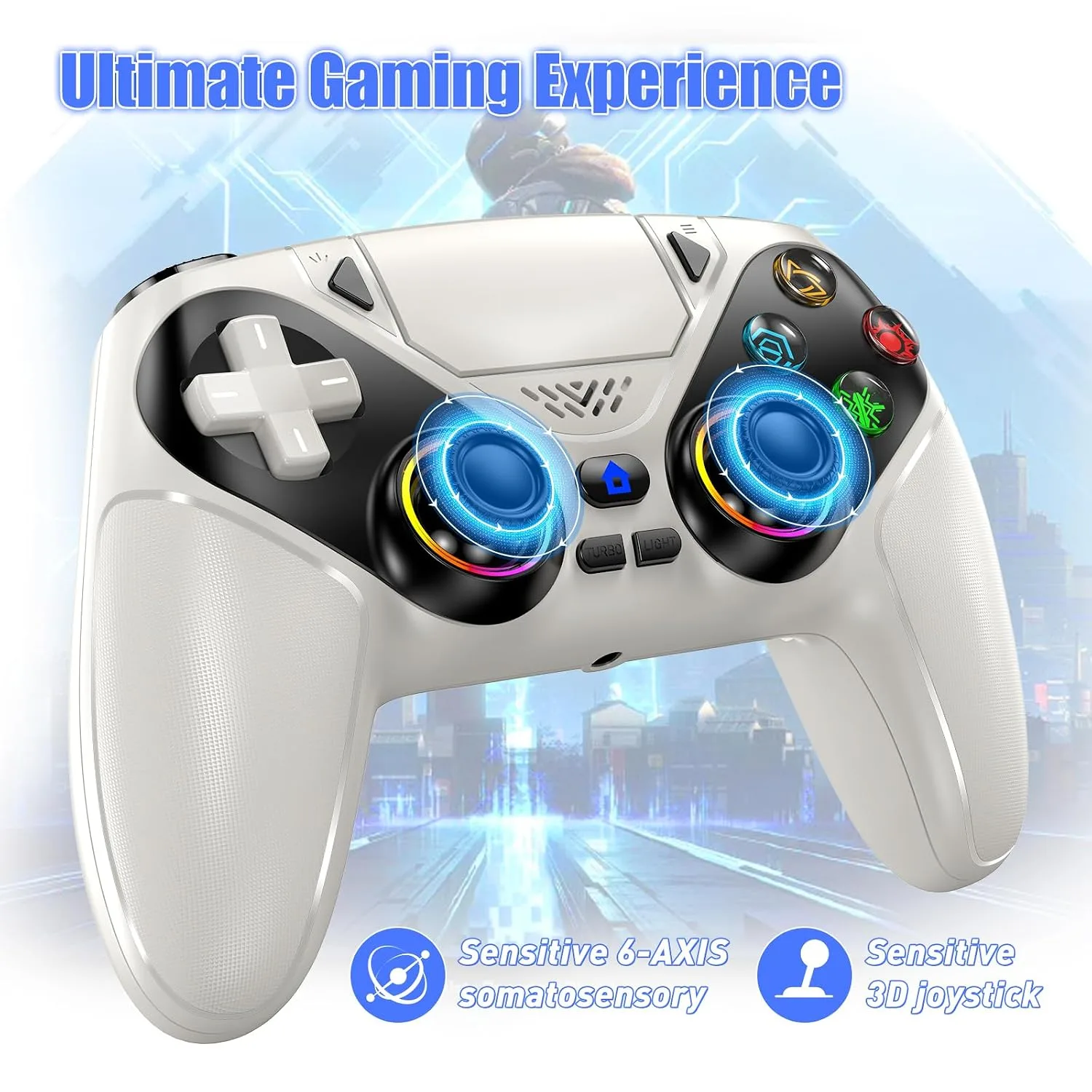 Gamrombo LED Wireless Controller for PS5, Compatible with PS5 Pro/Slim/PC, Dual Vibration, Macro/Turbo Function, 3.5mm Audio Jack, 6-Axis Motion Control Gamepad with Speaker(White)