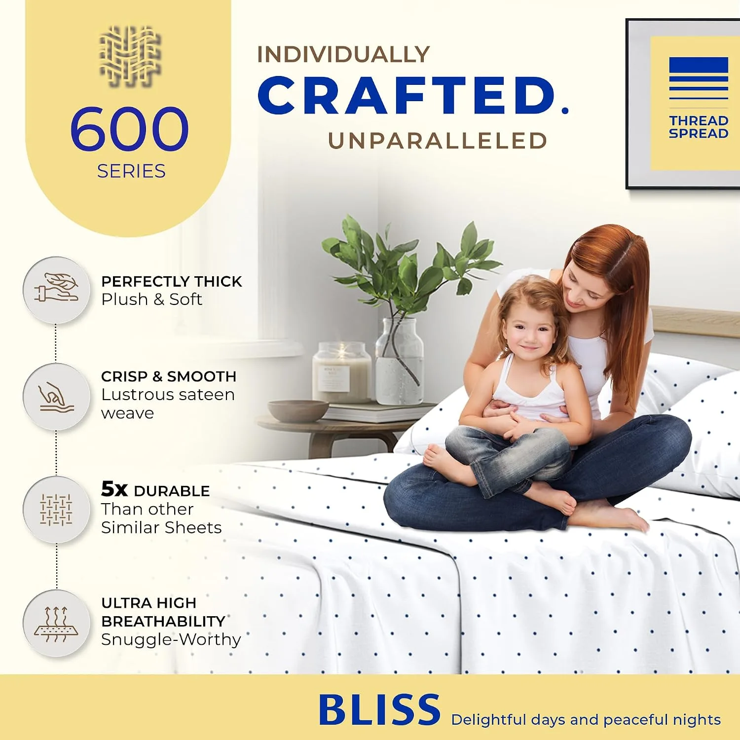Thread Spread Egyptian Cotton Sheets King Size - Luxury 600 Series King Size Sheets Set (4 PC, Polka Dot - Navy), 16" Deep Pocket All Around Elastic, Soft, Cooling Sateen, Durable Hotel Bed Sheet Sets