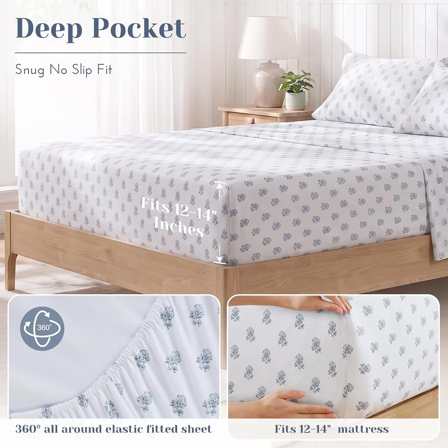 Comfort Spaces 100% Cotton Percale Sheets Twin Sheet Set 3 Pcs, Floral Blue