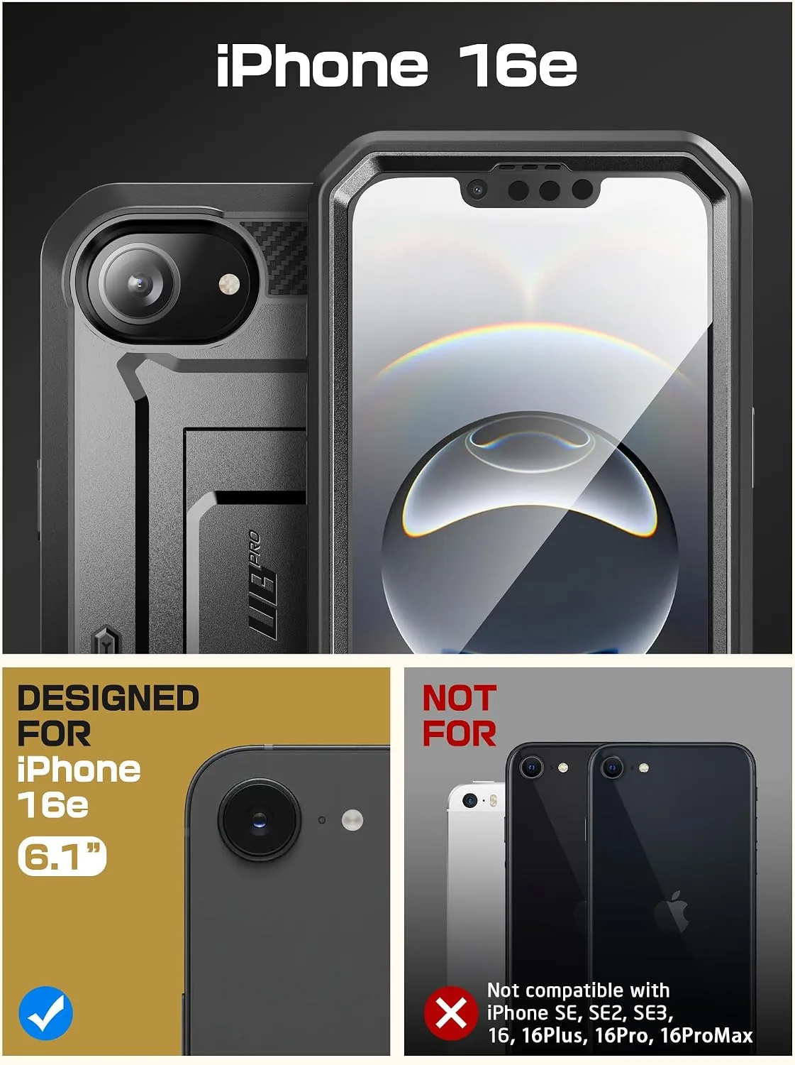 SUPCASE for iPhone 17e/16e Case with Stand & Screen Protector, Black