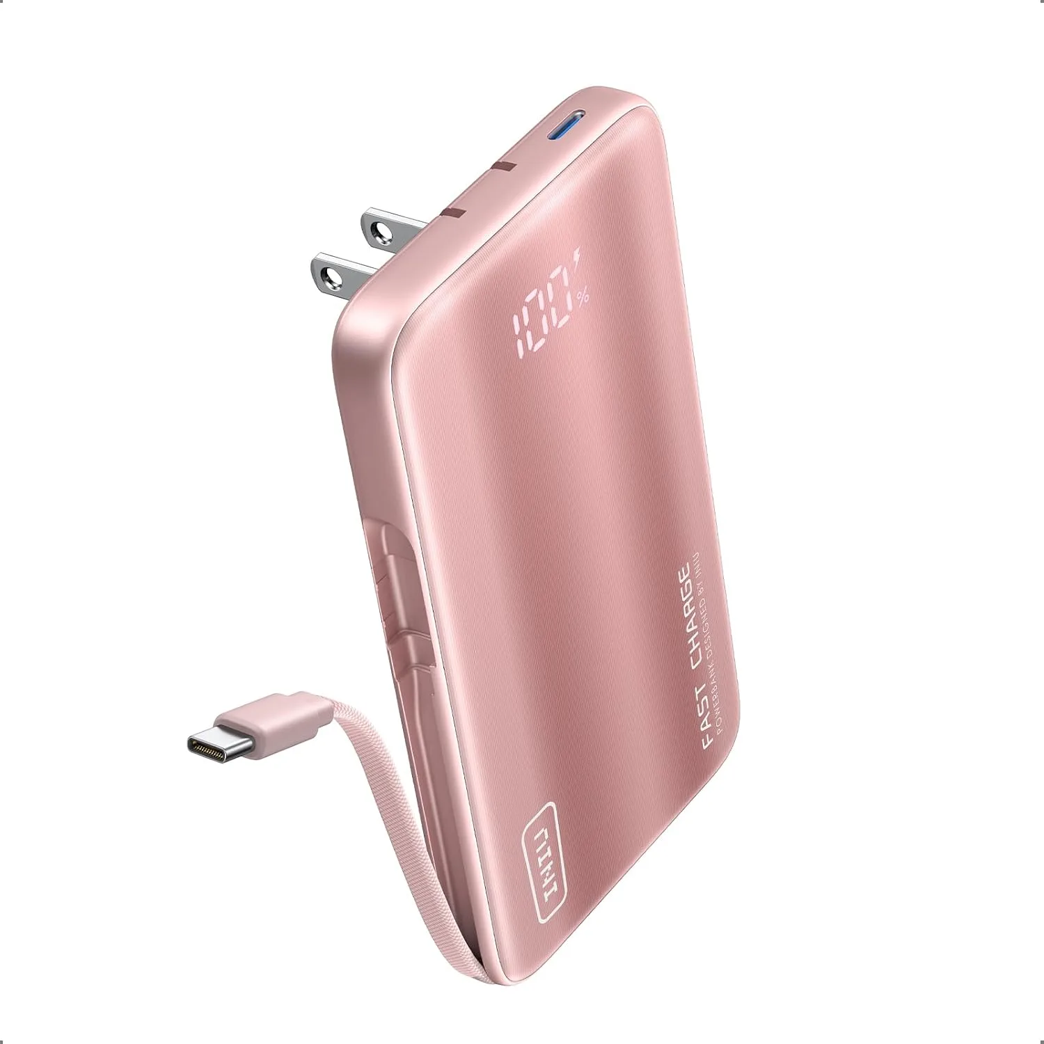 INIU Portable Charger, Slim 45W Fast Charging Power Bank with Built-in AC Wall Plug 10000mAh GaN 3-in-1 Battery Pack, Light Pink