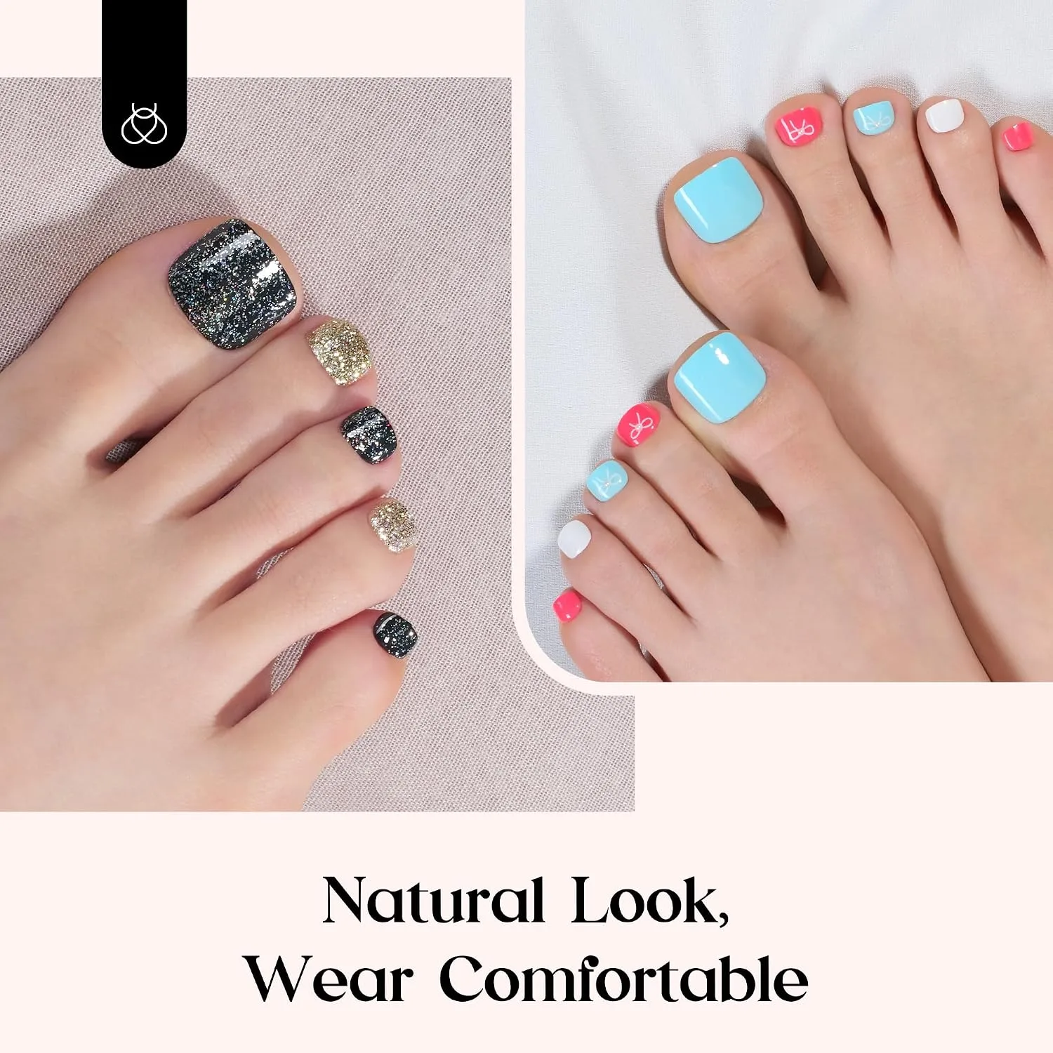 Beetles Press On Toe Nails Kit- 288 Pcs 12 Colors, Short Squoval Toenails