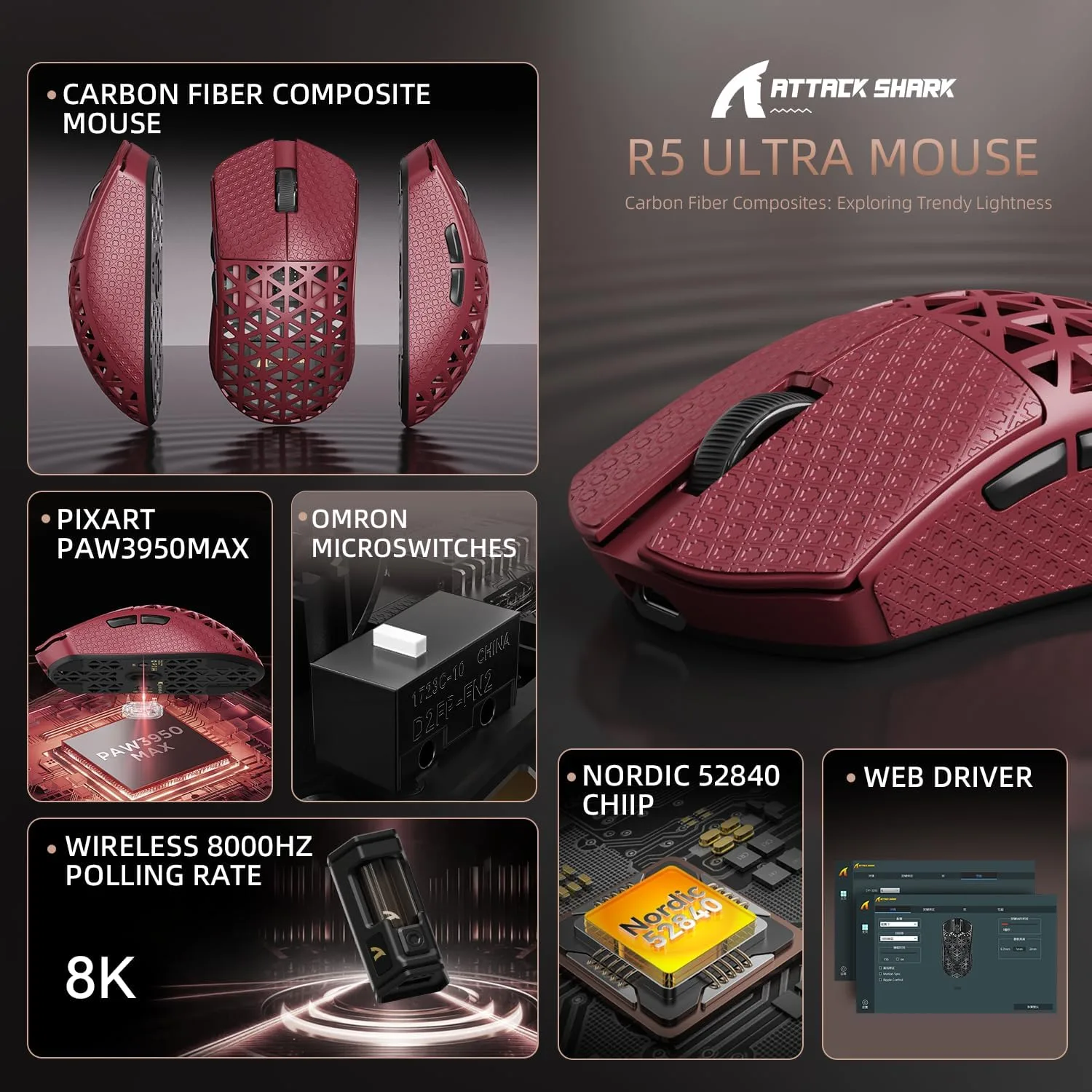 ATTACK SHARK R5Ultra 8K Carbon Fiber Wireless Gaming Mouse, Red&Tape