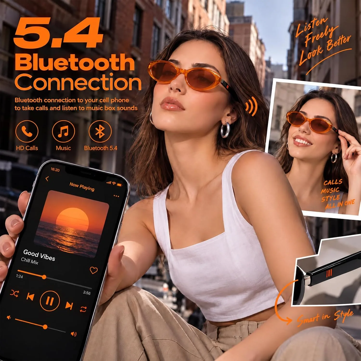 Bluetooth Audio Smart Glasses for Women Men, Polarized Bluetooth Sunglasses with Open Ear Speaker, Voice Control, Magnetic Charging, Brown