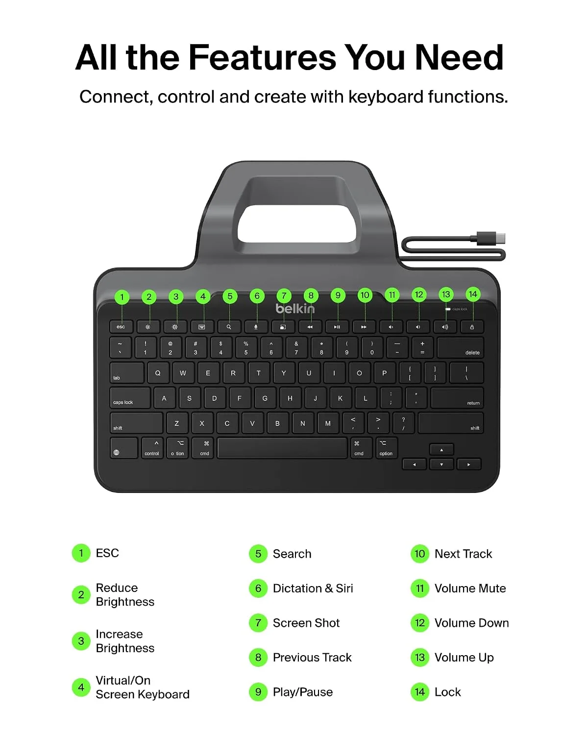 Belkin USB-C Wired Keyboard w/Stand, Plug & Play iPad
