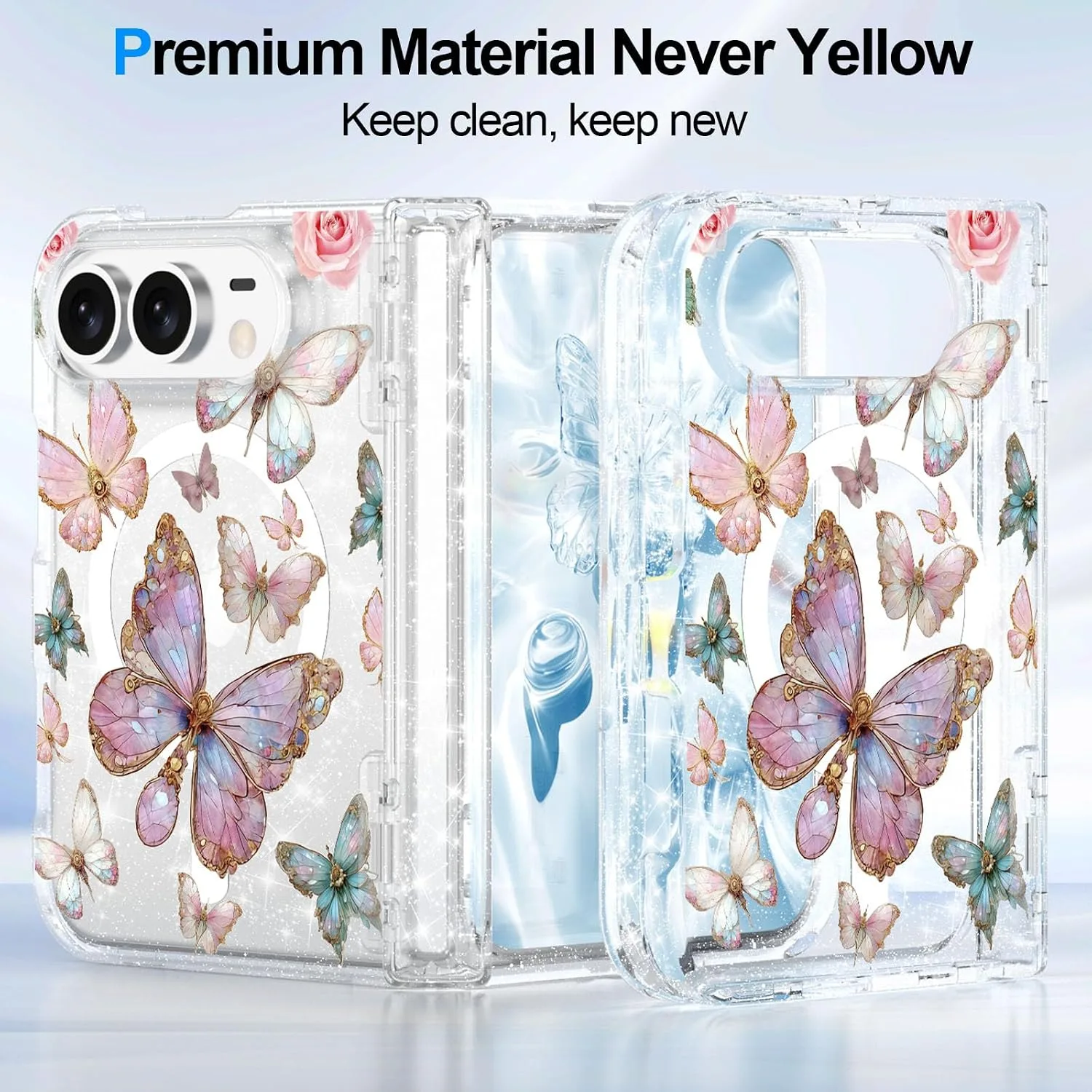 for iPhone Duo Case Clear Glitter Magnetic with Hinge Protection