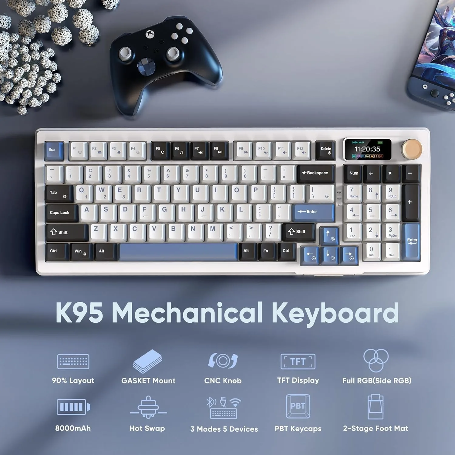 RedThunder K95 Wireless Mechanical Keyboard, TFT Screen & Knob, Tri-Mode BT5.0/2.4GHz/USB-C Hot Swappable Custom, Pre-lubed Linear Switches, Gasket Structure, RGB Gaming Keyboard, Snowy White-Blue