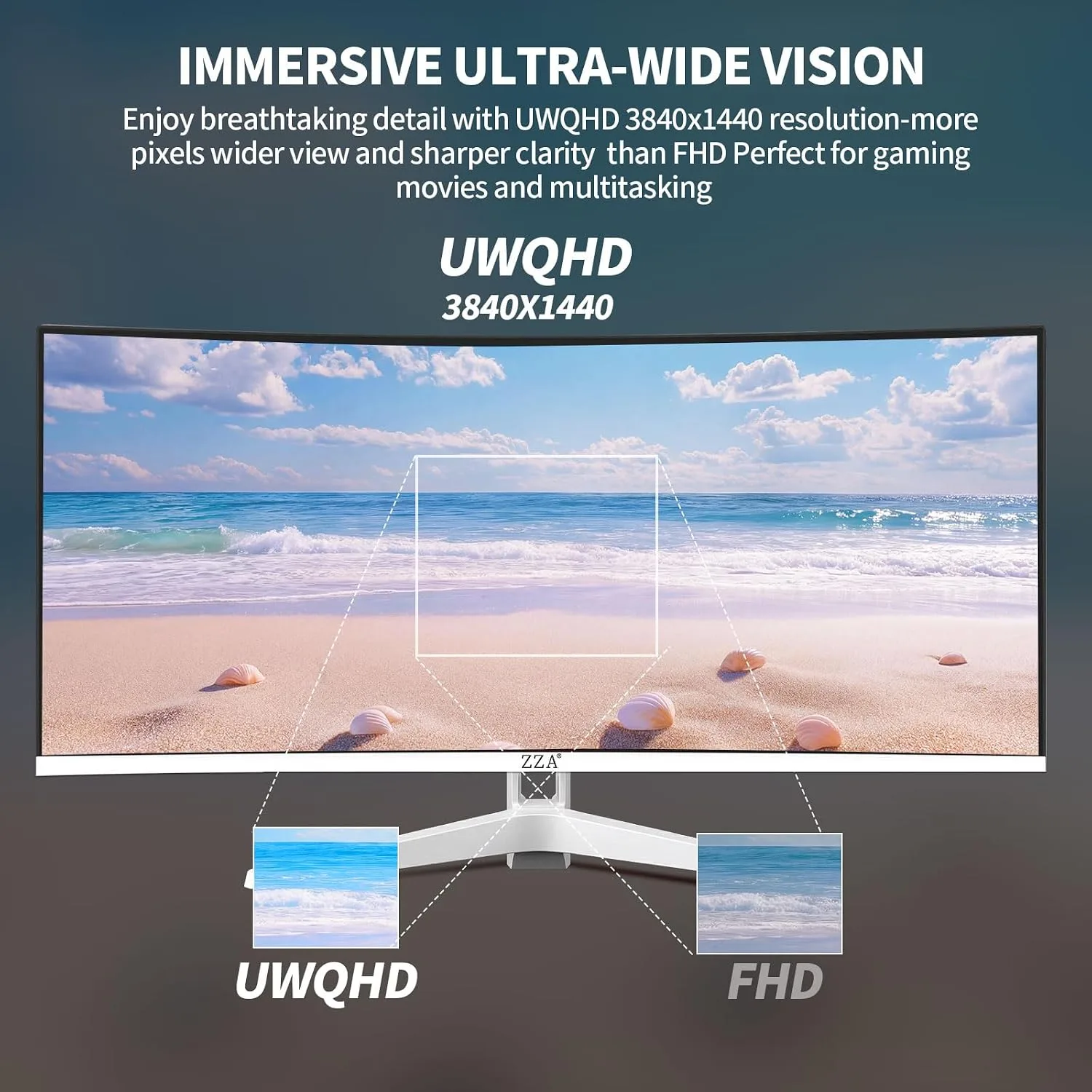 ZZA 34 Inch Ultrawide Curved Monitor Built in Speakers 4K Gaming Computer Monitor 100Hz, WQHD(3440x1440P) Curved 3800R 21:9 Ultra Wide PC Display, 130% sRGB, HDMI &DP, VESA Mount Compatible-White