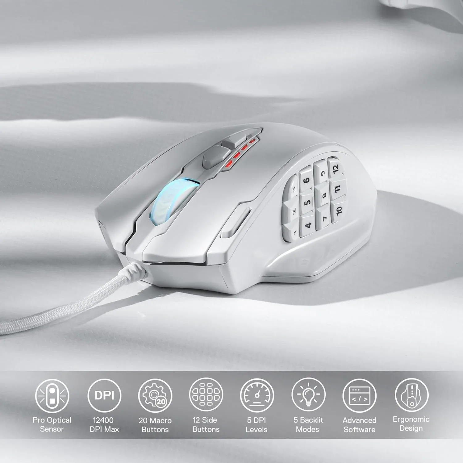 Redragon M908 Impact RGB LED MMO Gaming Mouse with 12 Side Buttons, Optical Wired Ergonomic Mouse with Max 12,400DPI, High Precision, 18 Programmable Macro Shortcuts, Comfort Grip, White