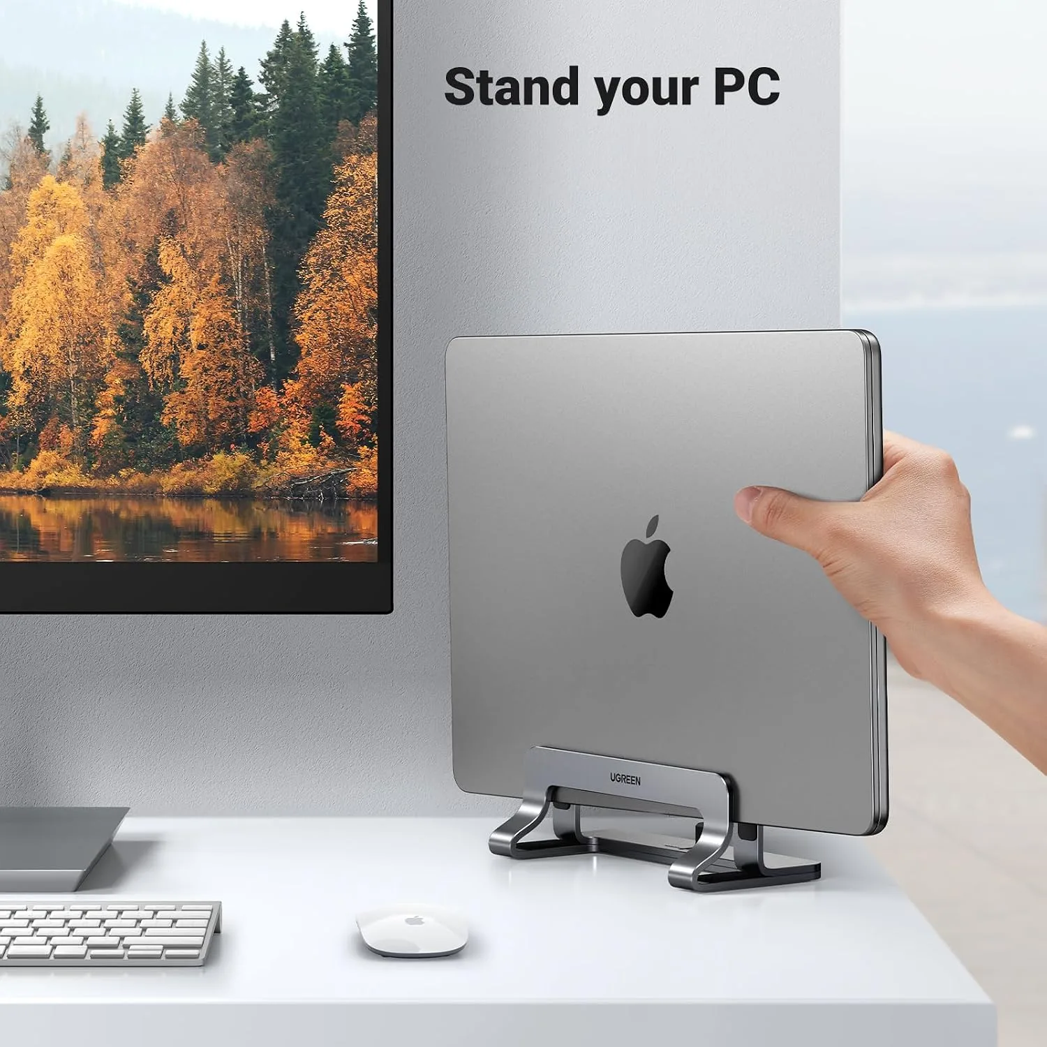 UGREEN Vertical Laptop Stand Holder for Desk Compatible with MacBook Pro, MacBook Air Stand Vertical Aluminum Adjustable for Up to 17.3 Inch Gaming Laptop, Gray
