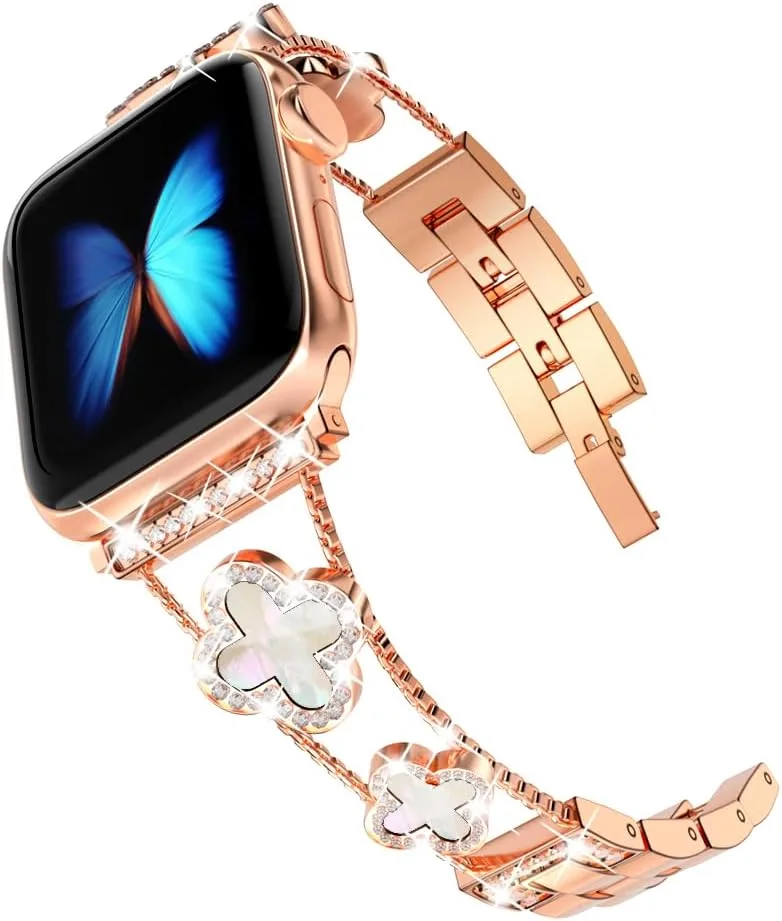 Musk-MSKR Diamond Metal Bands Add Sparkle to Your Watch For Apple Watch Series 12/11/10/9/8/7/6/5/4/3/2/SE/Ultra Clover Simple and Stylish Compatible with 38mm40mm41mm42mm44mm45mm 46mm49mm Women's Wear