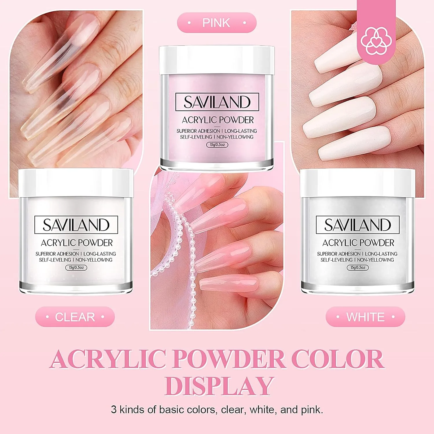 SAVILAND Acrylic Nail Kit for Beginners with Everything, White Pink Clear