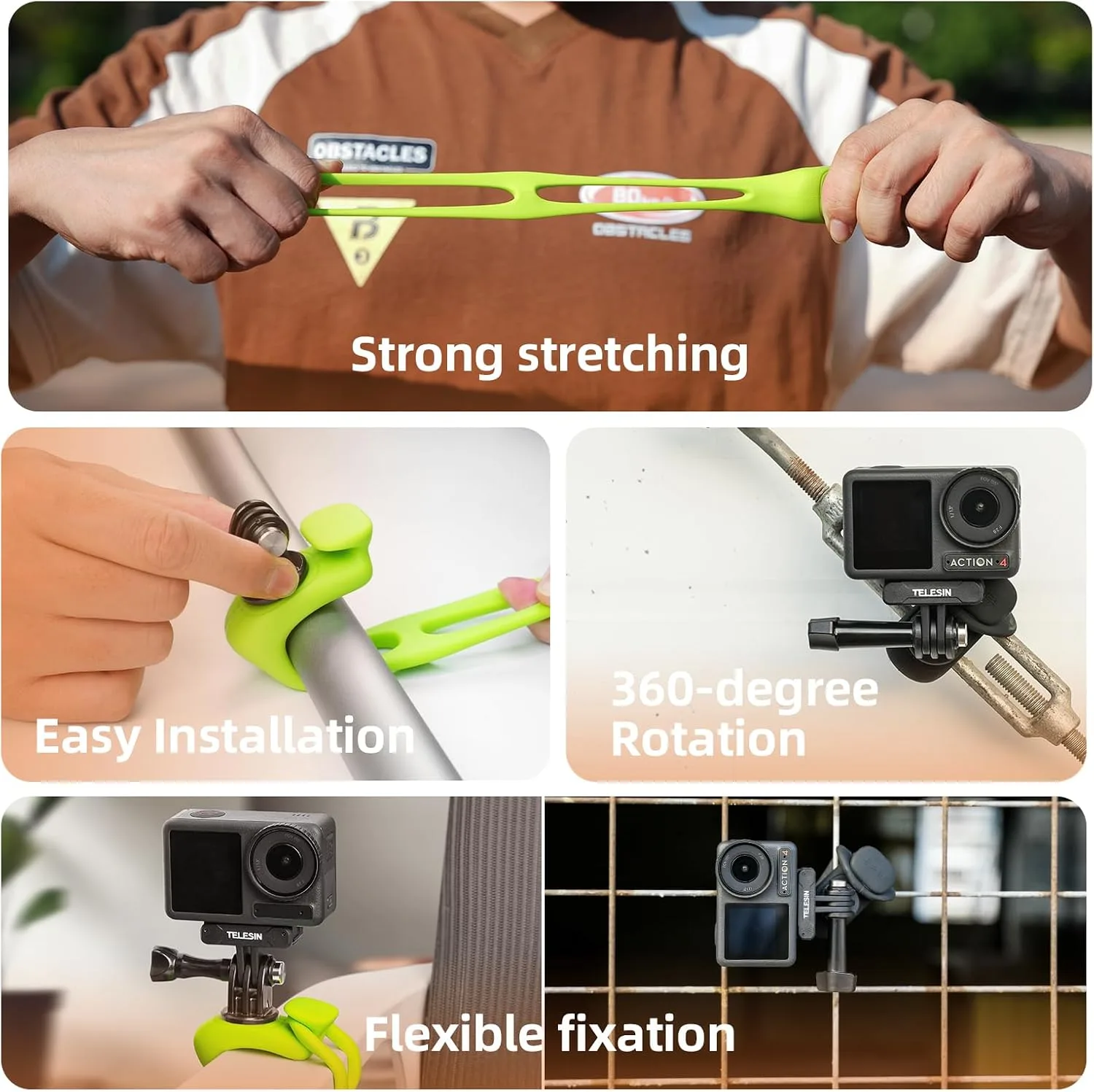 TELESIN Camera Flexible Mount 360 Strap Mount Wrap Band for GoPro Hero 13 12 11 10 9 Insta360 DJI Action Osmo Pocket Bike Motorcycle Handlebar Roll Bar Tube Clip Holder Attach Accessories