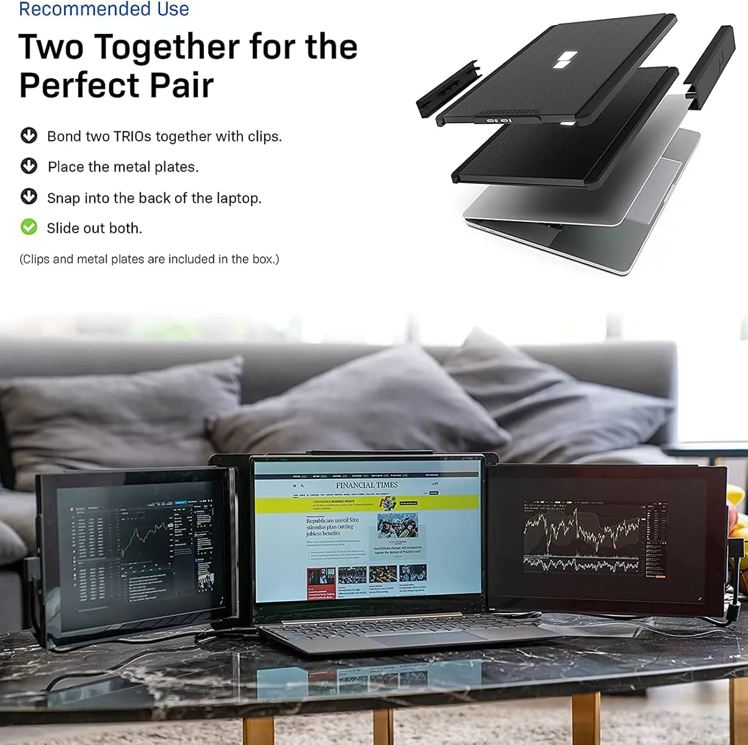 Trio Portable 12.5" Full HD IPS Display for Laptops, Dual-Side Sliding, USB A/Type-C Plug and Play (1 x 12.5 Monitor)
