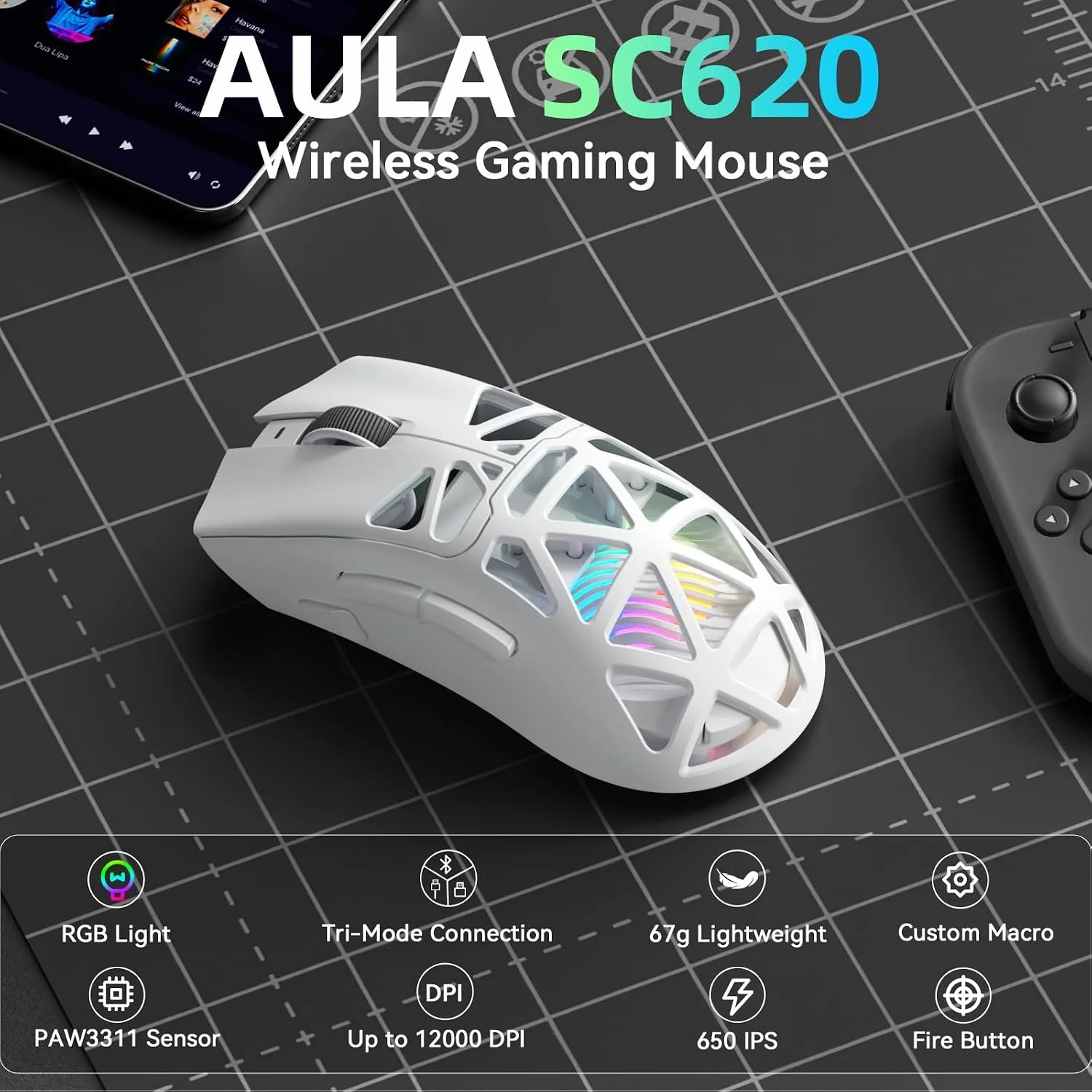 Aula SC620 Wireless Gaming Mouse, Tri-Mode 2.4GHz/USB-C/BT5.3 Computer Mouse with 12000 DPI, Programmable Macro Gamer Mouse with Rapid Fire Key, RGB Light White Gaming Mice for PC/Laptop/Mac