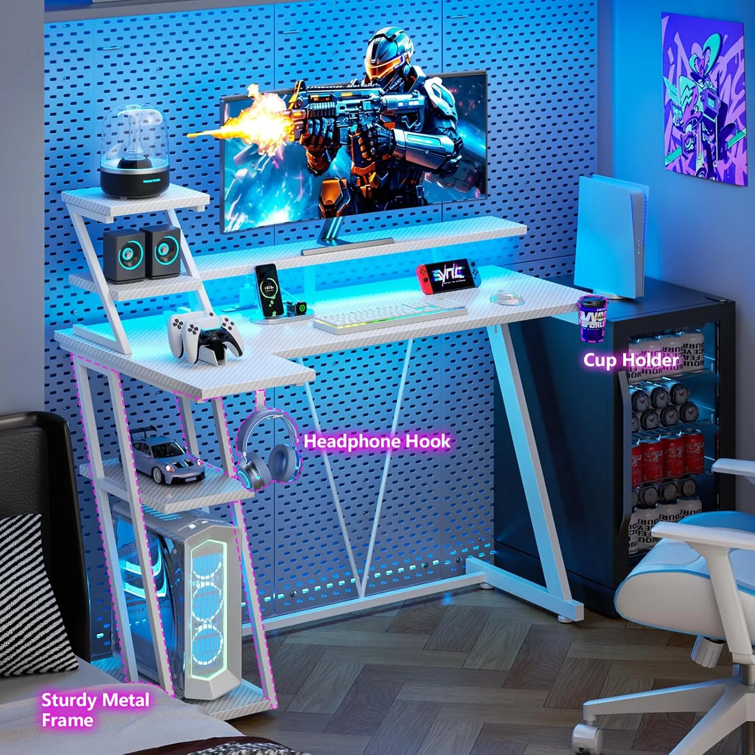 Korfile 47 Inch Gaming Desk with LED & Power Outlet, Carbon Fiber White