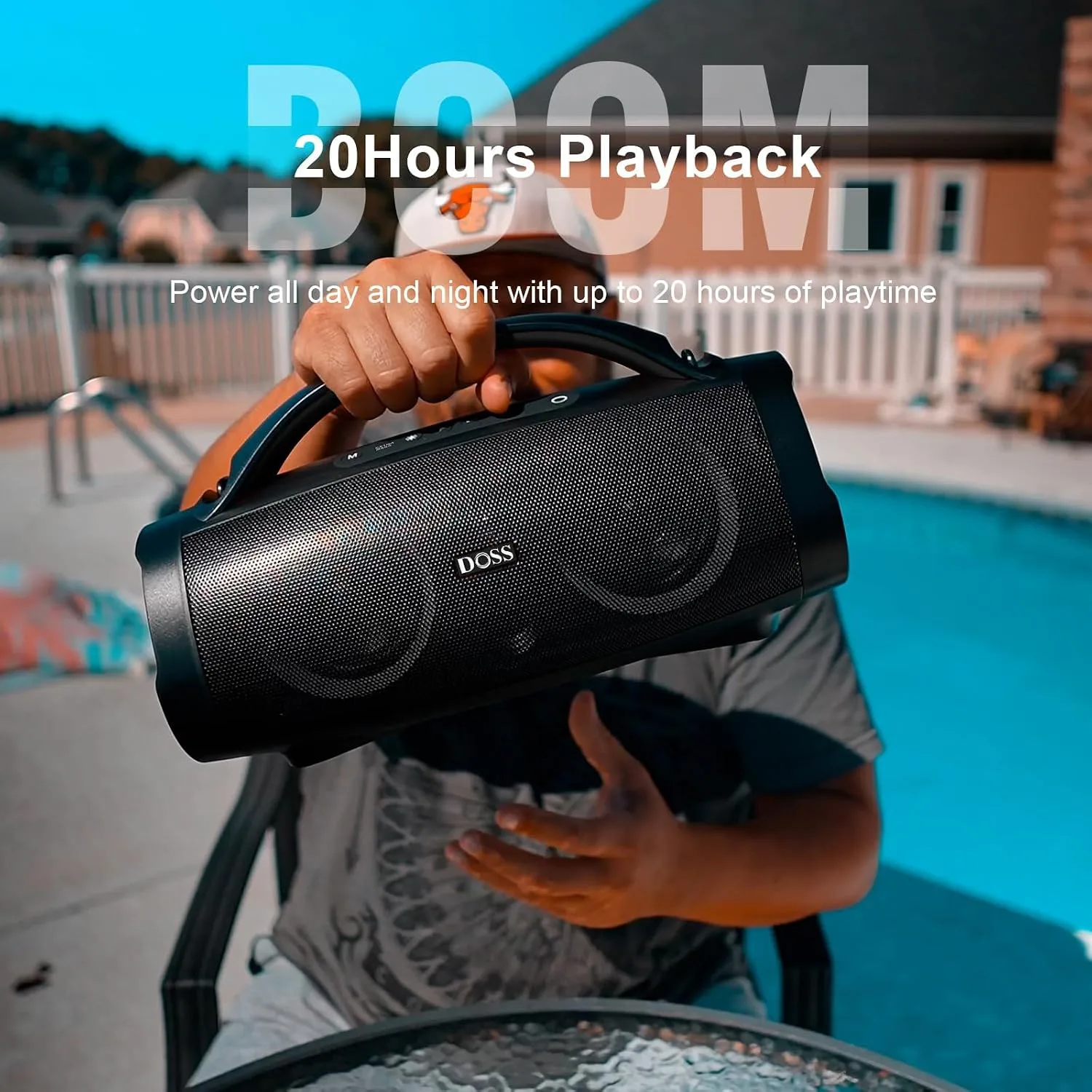 DOSS Extreme Boom+ Outdoor Bluetooth Speaker with 100W Stereo Sound, Extra Bass, 20H Playtime, Party-Sync LED Lights, Built-in Power Bank, IPX6 Waterproof Speaker for Camping, Pool, Beach, Yard