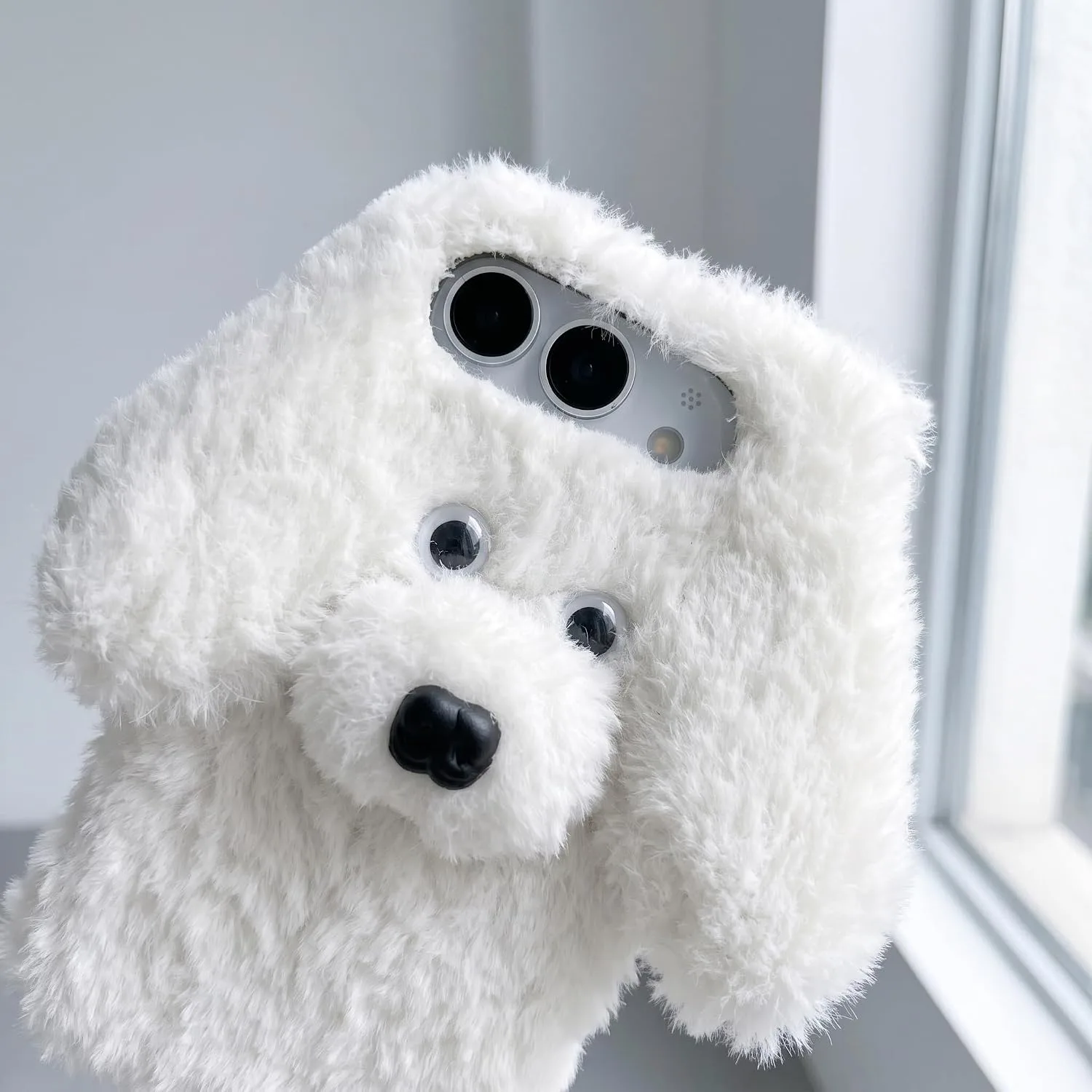 Losin for iPhone Duo Plush Furry Dog Cartoon Case, White