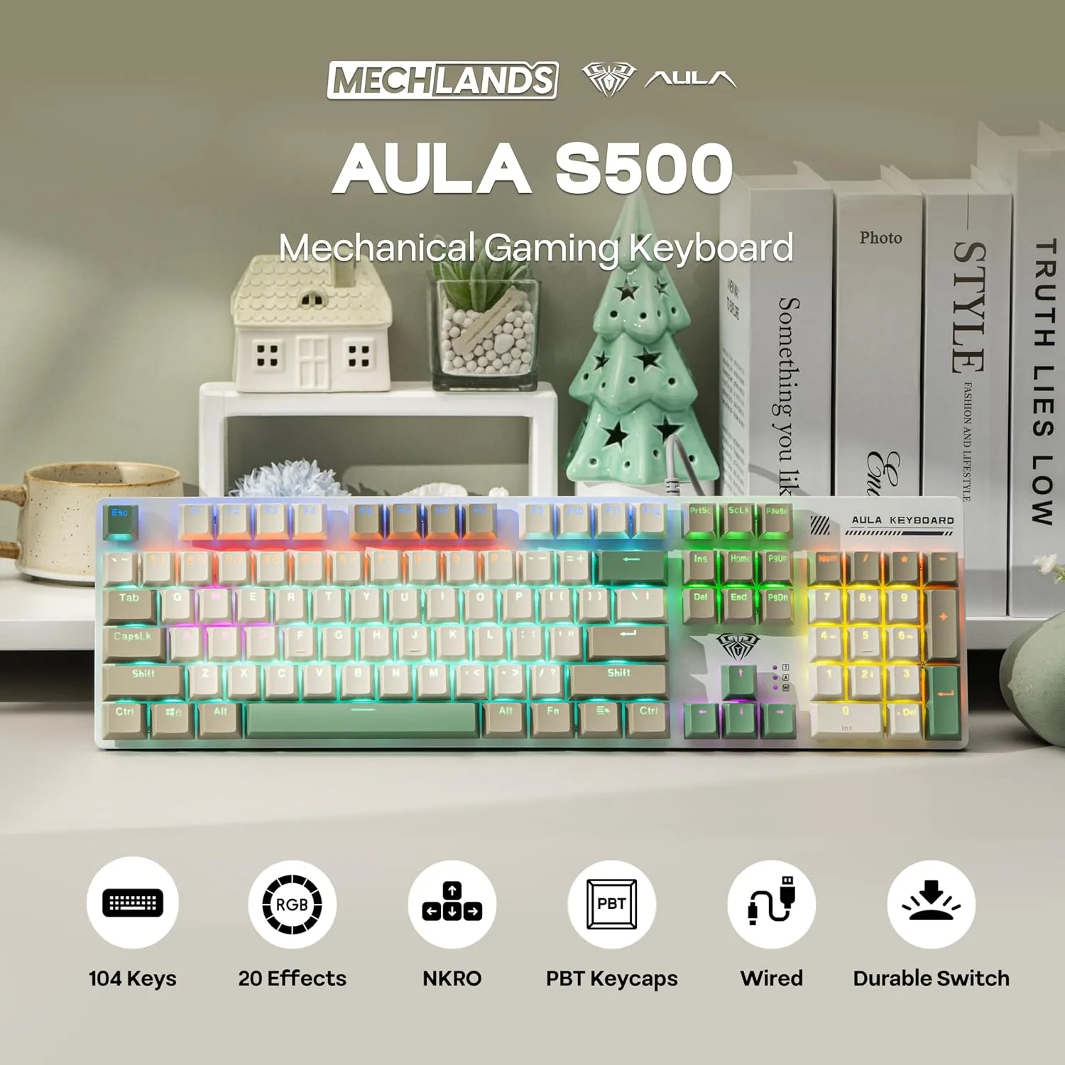 MechLands Aula S500 Wired Gaming Keyboard, 100% Full Size Mechanical Keyboard with Number Pad, 104 Keys, NKRO, RGB Backlits, Shine Through Keycaps, Ergonomic for PC E-Sports (White&Green, Red Switch)