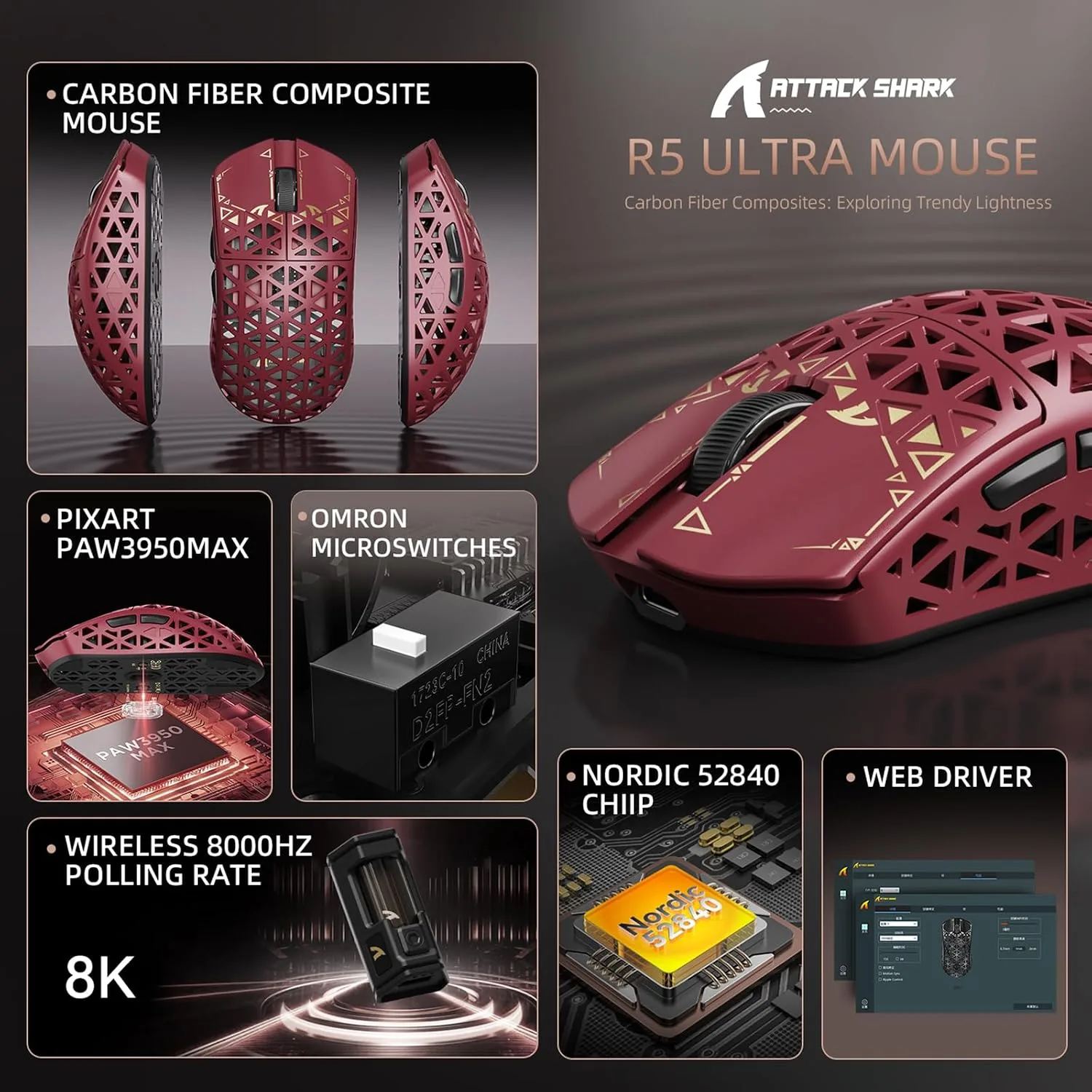 ATTACK SHARK R5Ultra 8K Carbon Fiber Wireless Gaming Mouse, Red