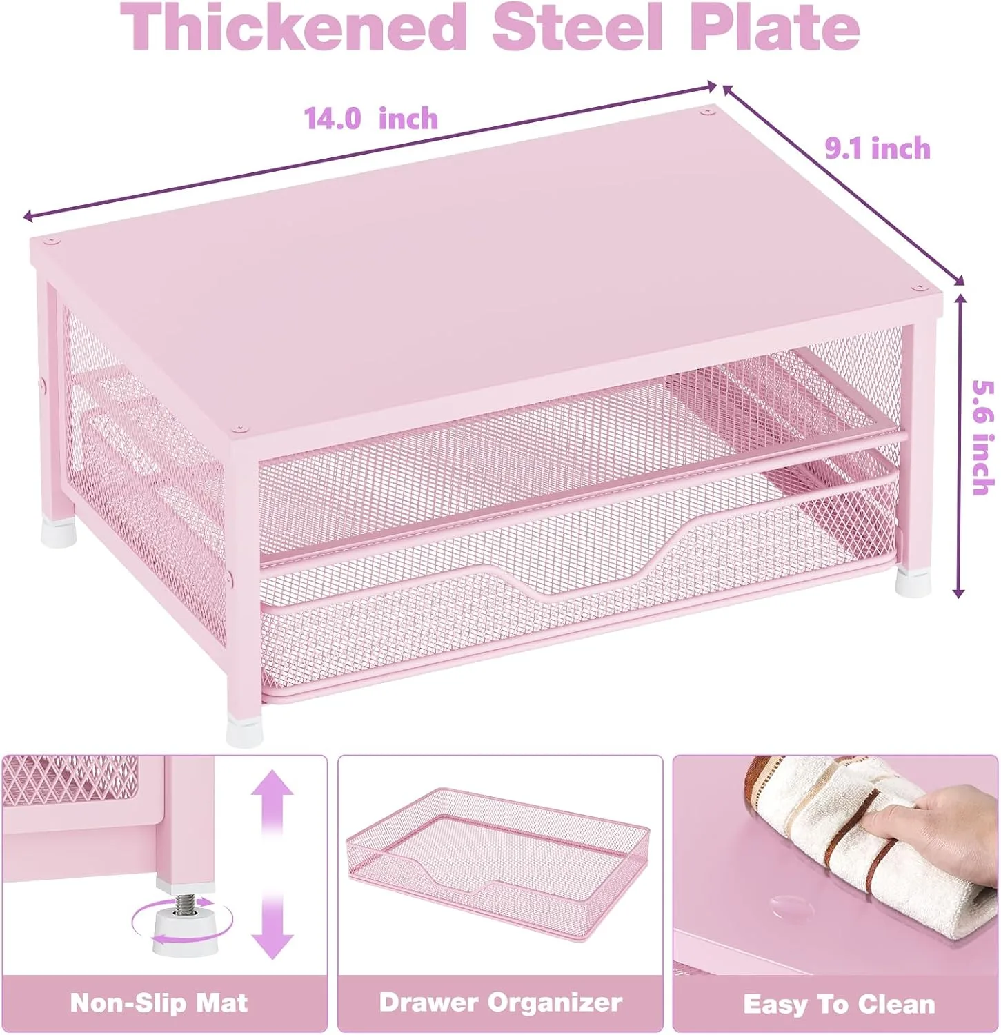 OPNICE Computer Monitor Stand Riser, Desk Organizer with Drawer, Printer & Laptop Stand, Office Desk Accessories & Workspace Desktop Organizers Storage for Office Supplies(Pink)