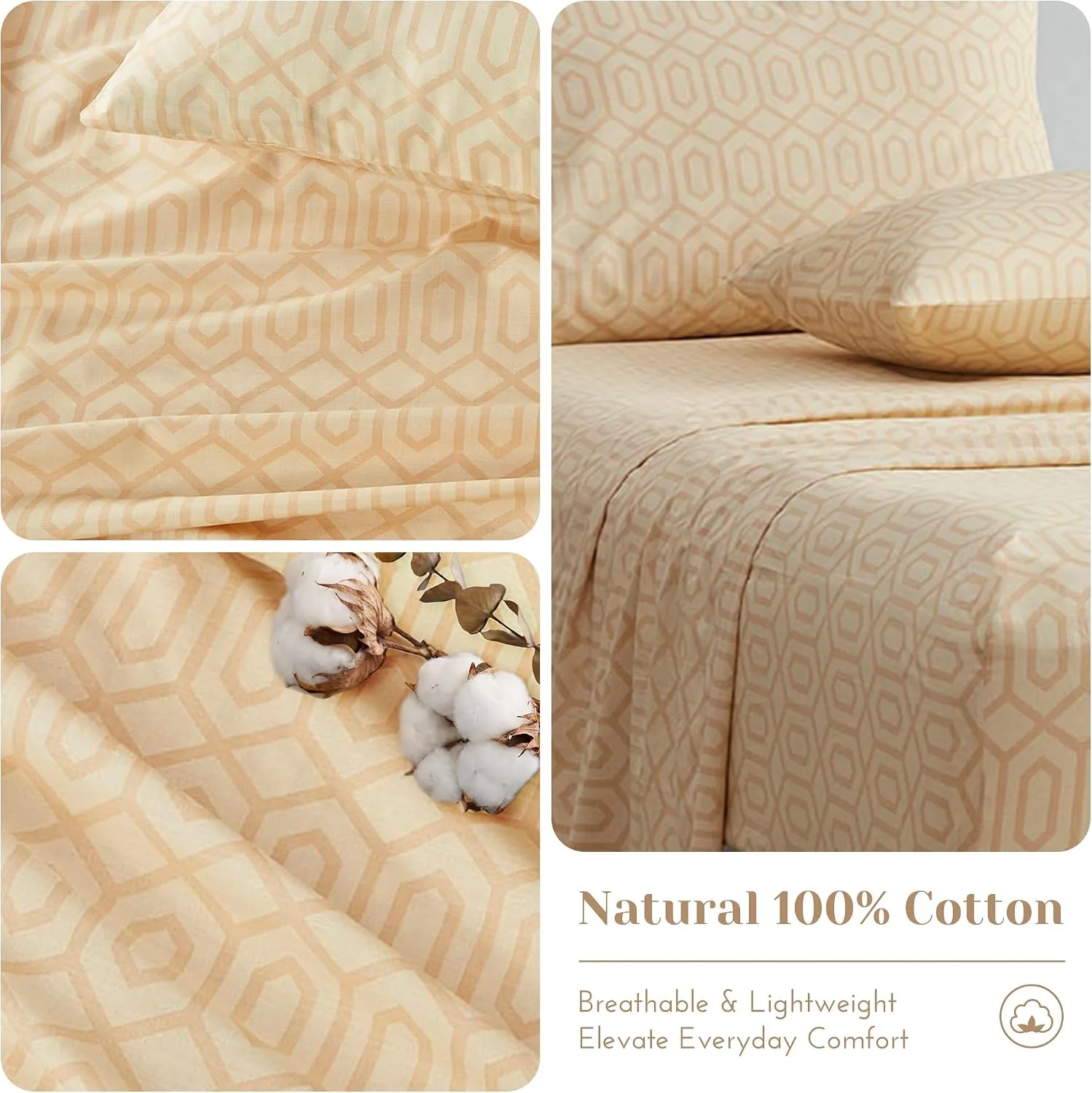 Comfort Spaces 100% Cotton Percale Sheets Twin Sheet Set 3 Pcs, Diamond Tan