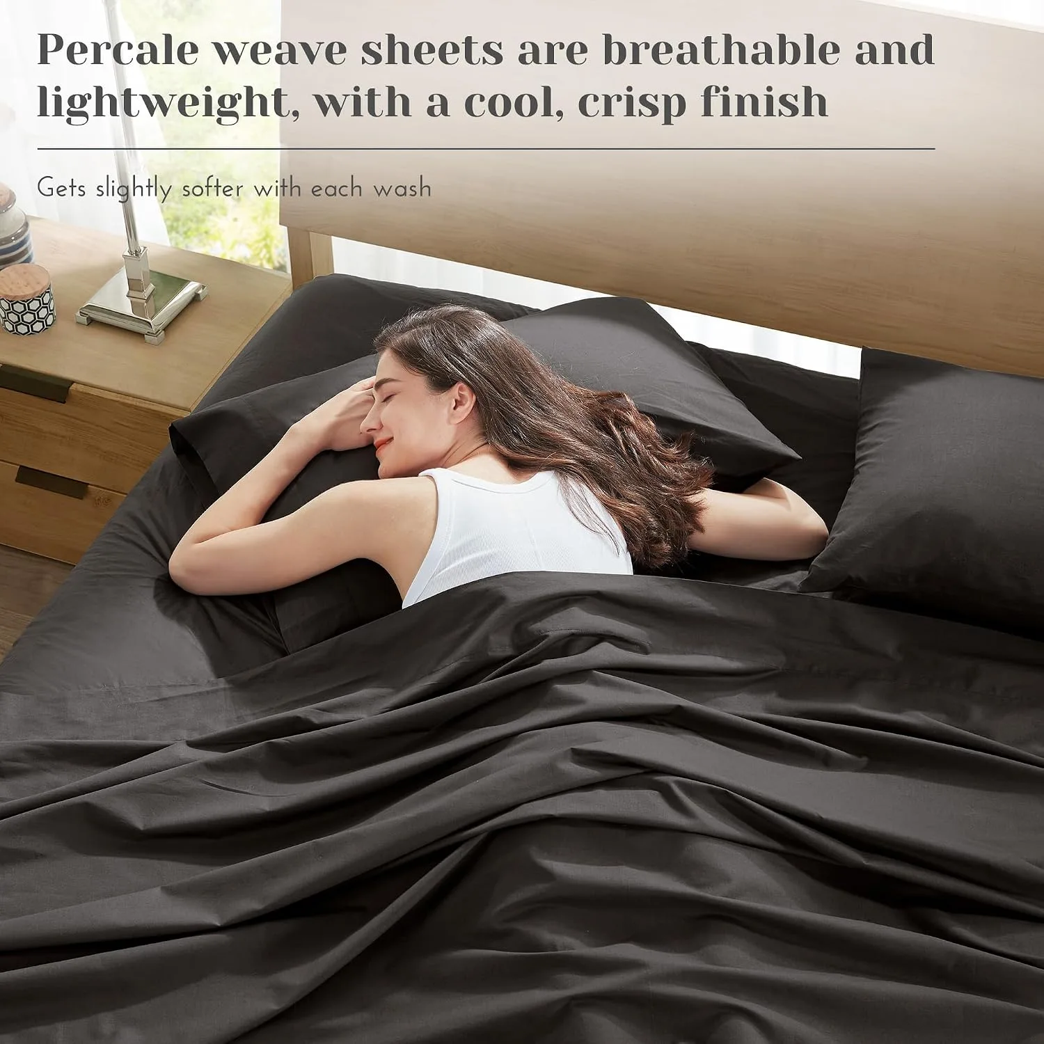 Comfort Spaces 100% Cotton Percale Sheets Queen Sheet Set 4 Pcs, Black