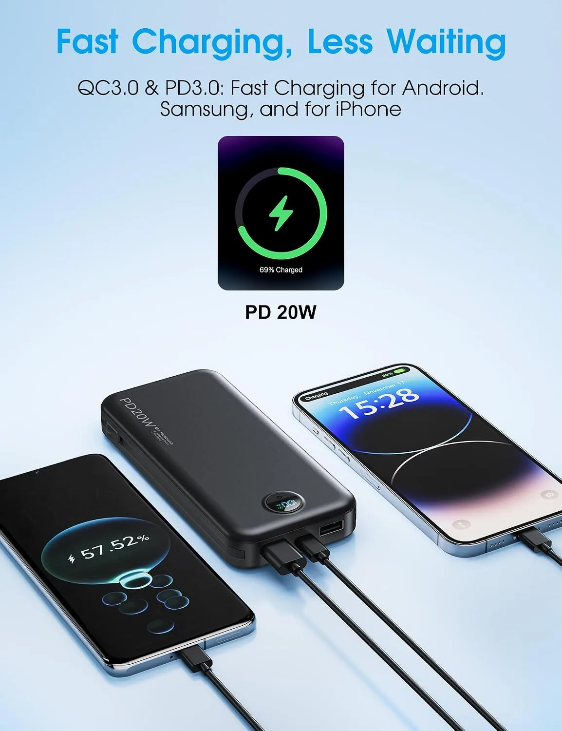 citicr Portable Charger 10000mAh PD20W w/Built-in Cables & Wall Plug Black