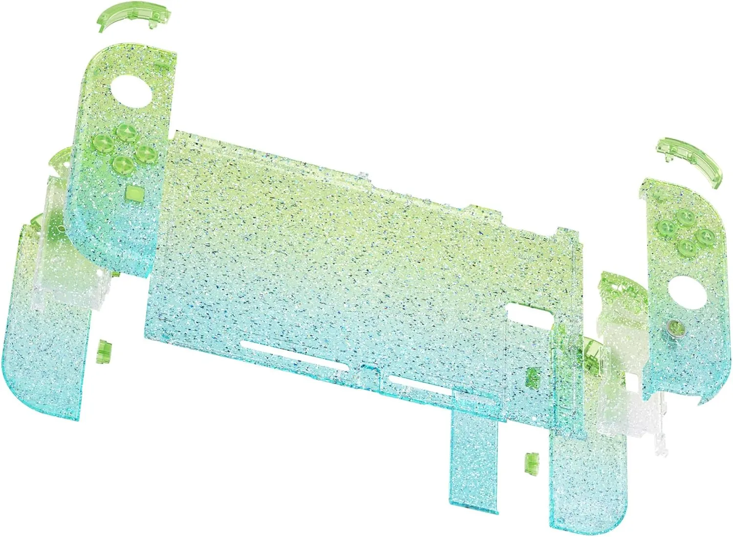 eXtremeRate DIY Replacement Shell Buttons for Nintendo Switch, Custom Back Plate for Switch Console, Housing Case with Colorful Buttons for Joycon Handheld - Glitter Gradient Translucent Green Blue