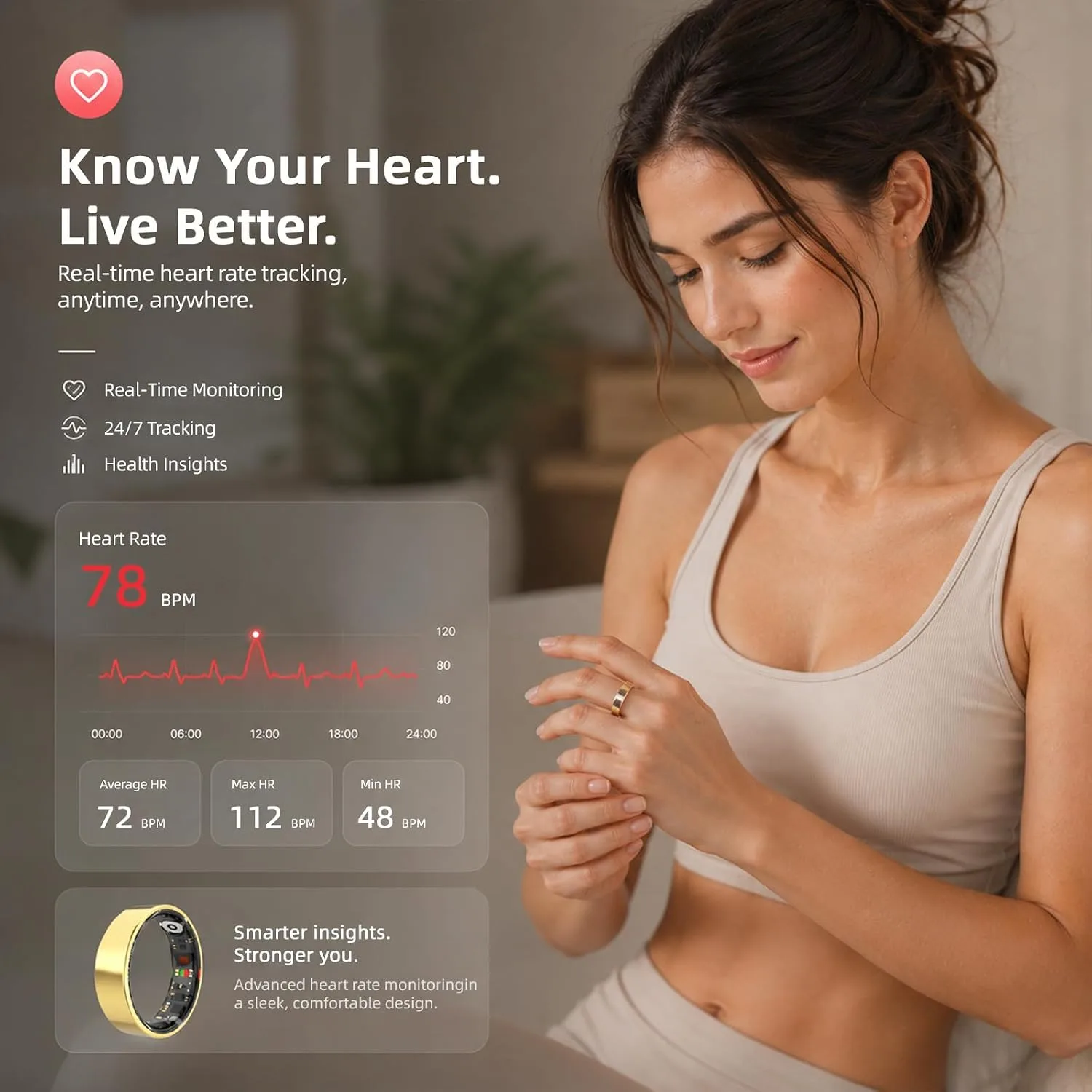 Smart Ring for Women Men, Fitness Ring without Subscription, Rosegold,10