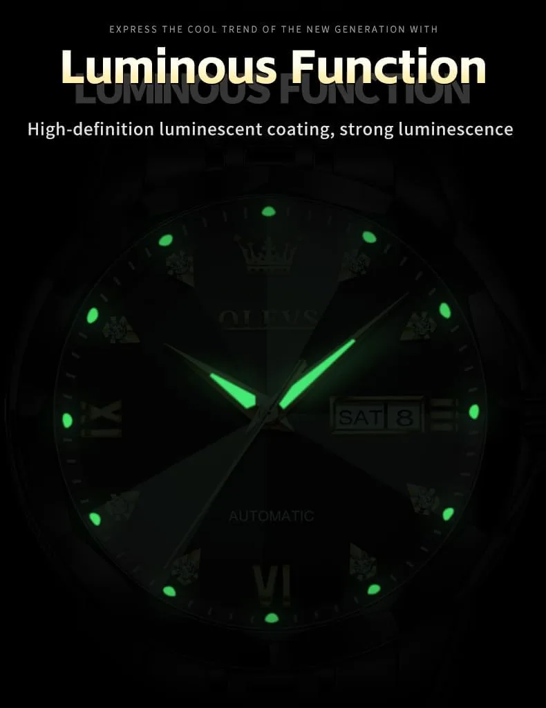 OLEVS Skeleton Men Watches Automatic Business Luxury Diamond Self Winding Watch for Men Stainless Steel Calendar Wrist Watch