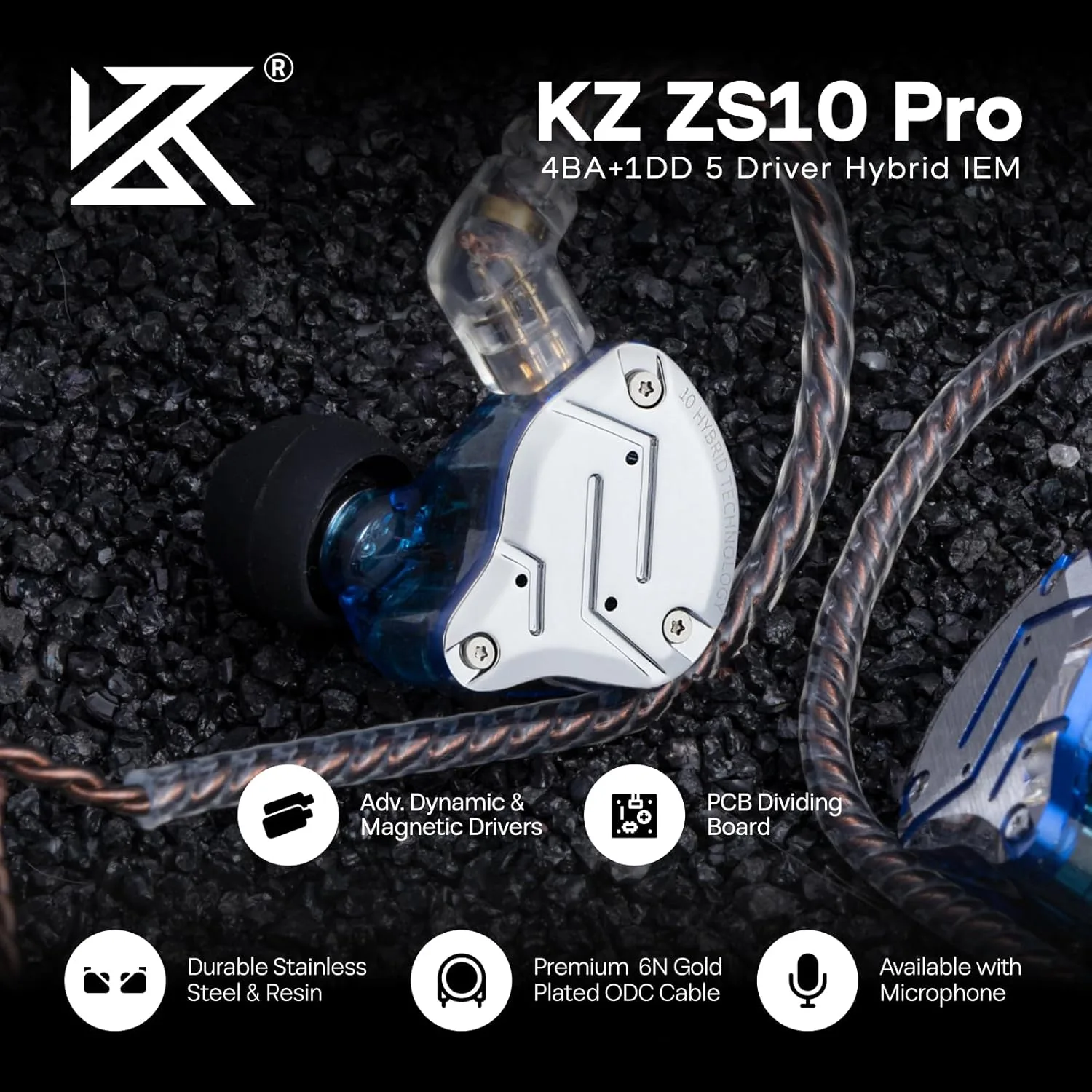 Linsoul KZ ZS10 Pro, 4BA+1DD 5 Driver in Ear Monitor, HiFi Wired Earbuds, Gaming Earbuds, Hybrid IEM Earphones with Stainless Steel Faceplate, Detachable Cable for Musician (Without Mic, Blue)