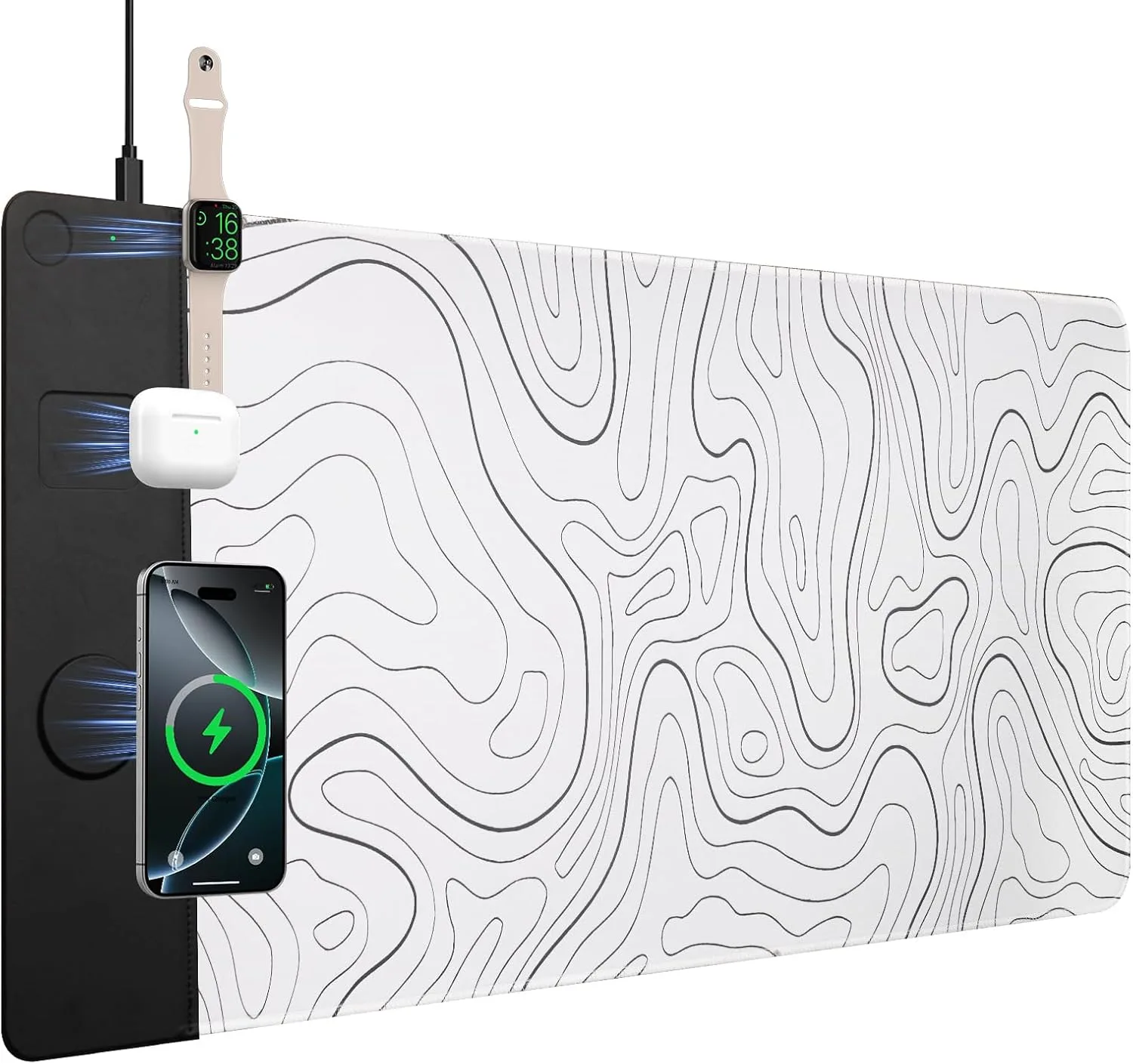 VOVIPO 3 in 1 Wireless Charging Mouse Pad, Desk Mat with Wireless Charger Multiple Devices Compitable with Watch/iPhone, White Topographic Large Desk Mat(90 x 40cm) for MacBook, PC, Laptop
