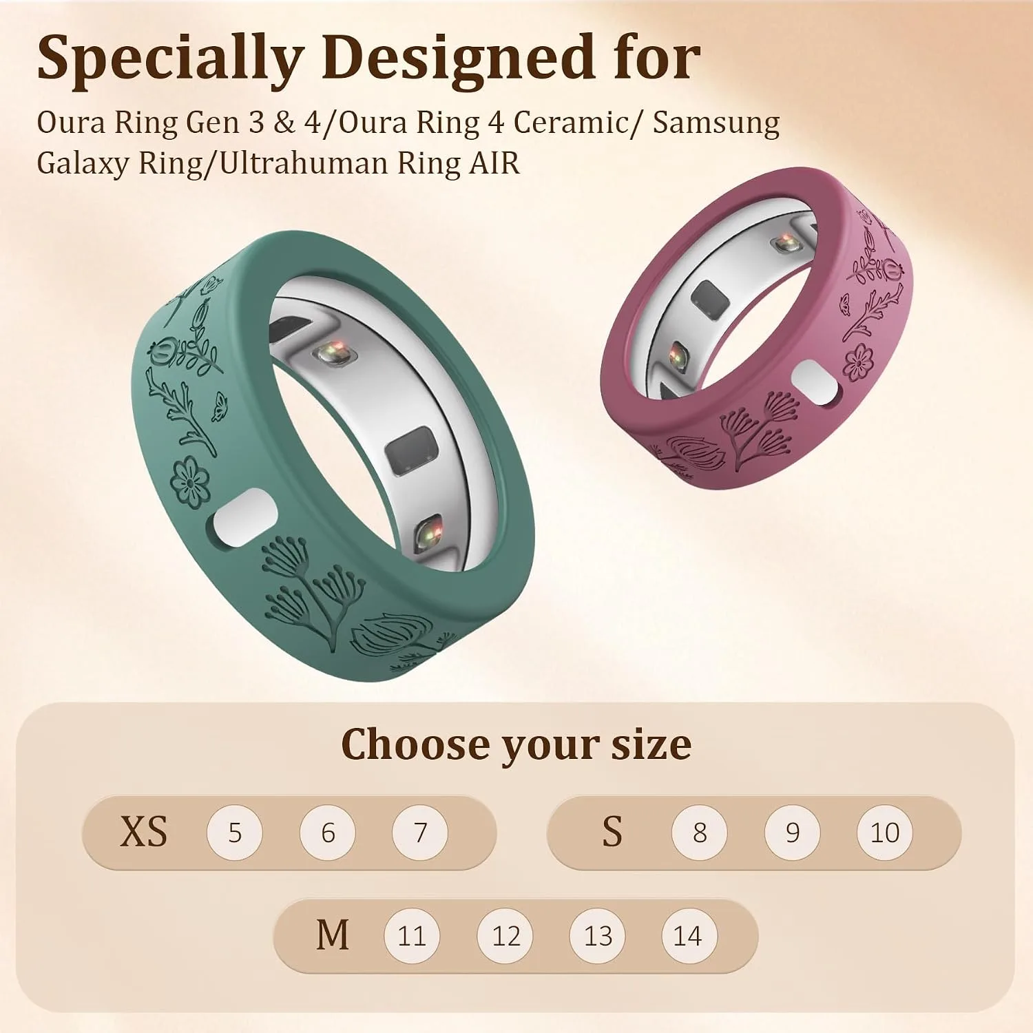 YWXTW Floral Cover for Oura Ring Gen 4/3/4 Ceramic, Samsung/Ultrahuman Ring, Support Charging with Cover on, Anti-Scratch Silicone Protector, Dressy Accessories for Women/Men, 8 Pack (Morandi, S)